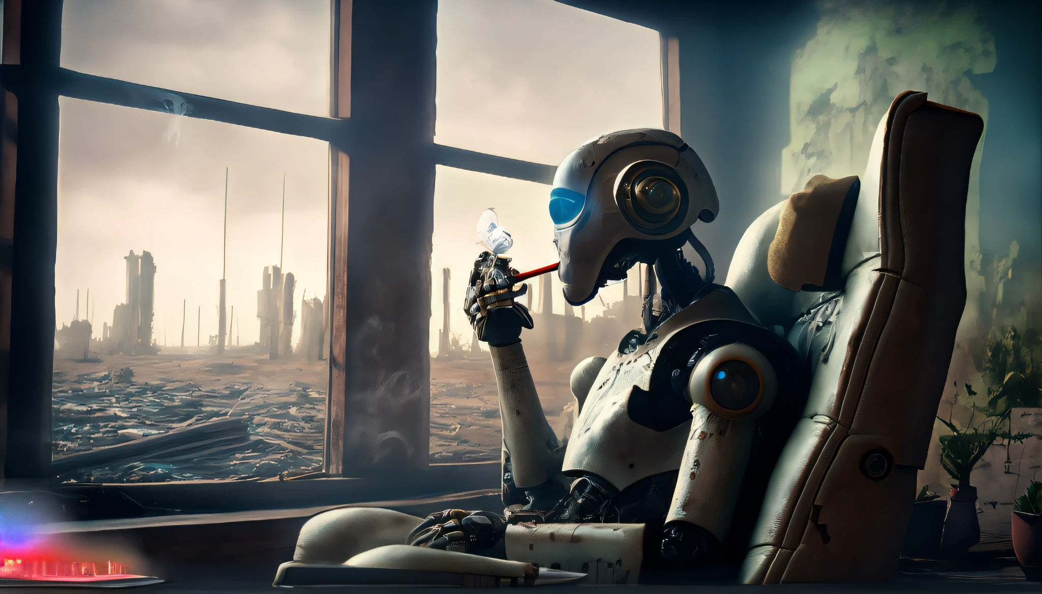 robots are sitting in a chair with a cigarette in their mouth, portrait of a futuristic robot, um ciborgue meditando, dystopin future, fechar-up of a robot sitting down, cyberpunk robot, Vapor e Cyberpunk, dystopian sci-Personagem FI, robots drinking alcohol, retro sci - imagem fi, Cyborg post-Mystical apocalyptic, robot futuristic, transumanista cyberpunk
