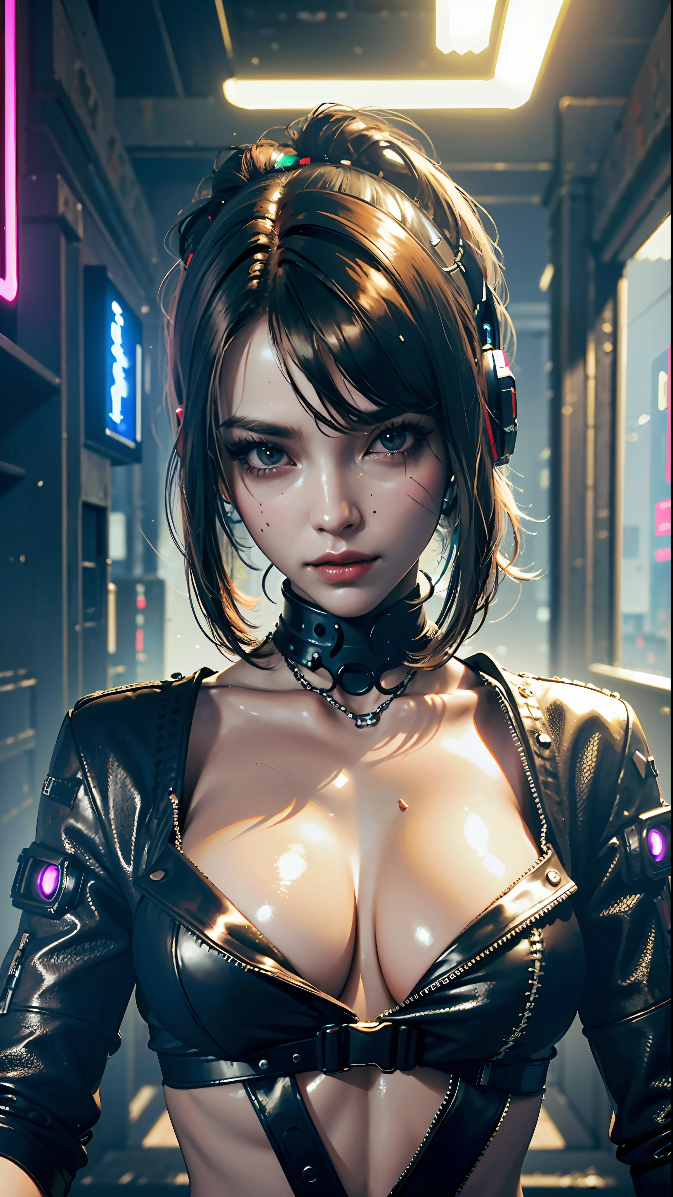 ((Best quality)), ((masterpiece)), (highly detailed:1.3), 3D, beautiful (cyberpunk:1.3), stylish woman looking at camera black leather clothes