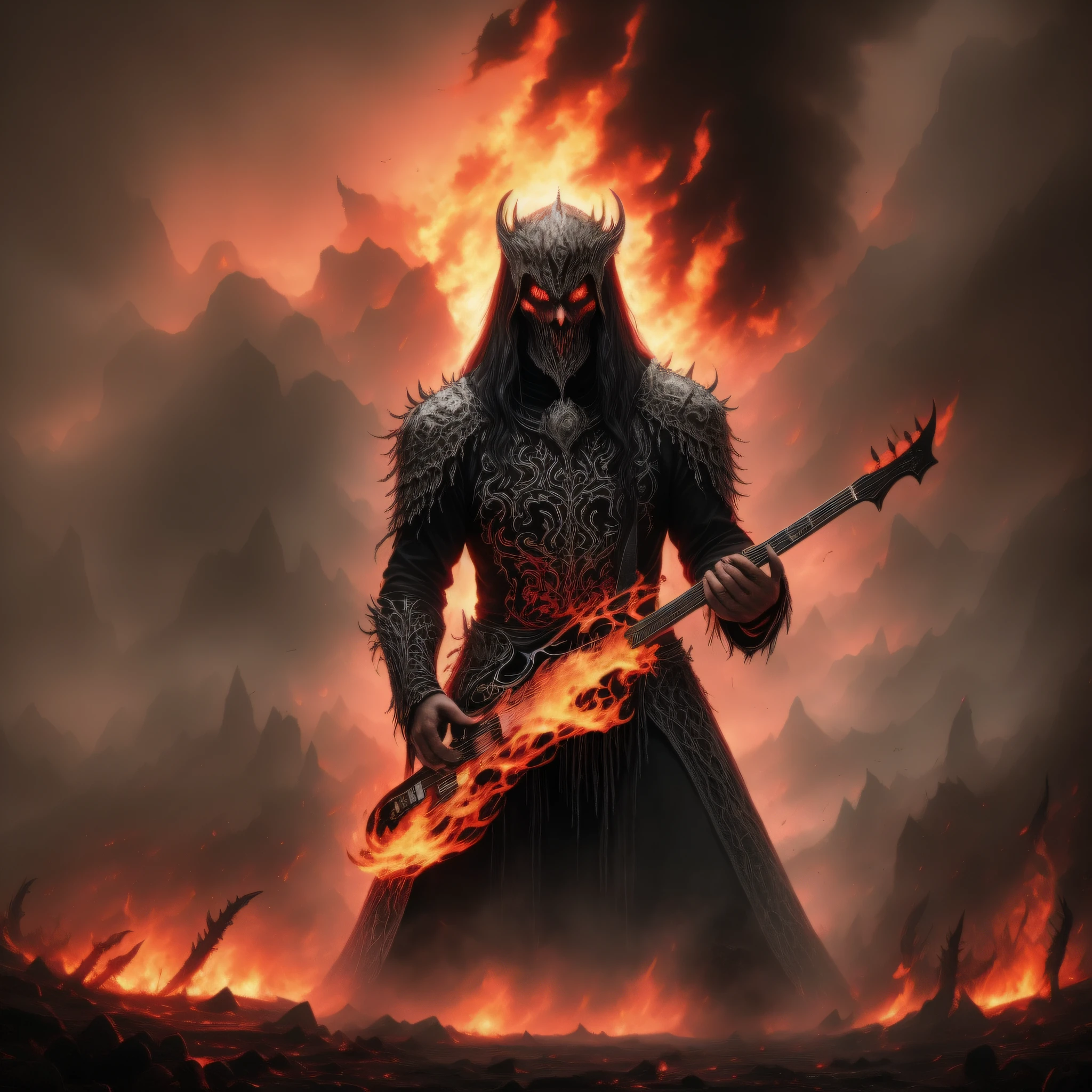 A band playing black metal music in an atmosphere full of fire and blood
