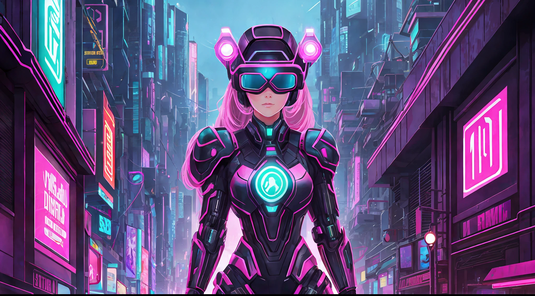 She stood out from the crowd with her pink-dyed hair and a pair of virtual reality glasses that glowed in green neon. Her delicate face was accentuated by an elegant painting of cybernetic makeup, e ela parecia estar imersa no mundo virtual a sua frente.
Ao redor dela, The world seemed on fire with smoky neons emanating a dazzling light that seemed to guide its way. She was at the center of a cyberpunk scene full of tall buildings and hanging electrical wires, giving the impression that she was a cyber warrior ready to take control.
Com todos os olhos voltados para ela, She walked confidently through the dark alleys, pronta para enfrentar qualquer desafio digital que aparecesse em seu caminho. She was the embodiment of digital freedom, A true cybernetic queen. --auto --s2