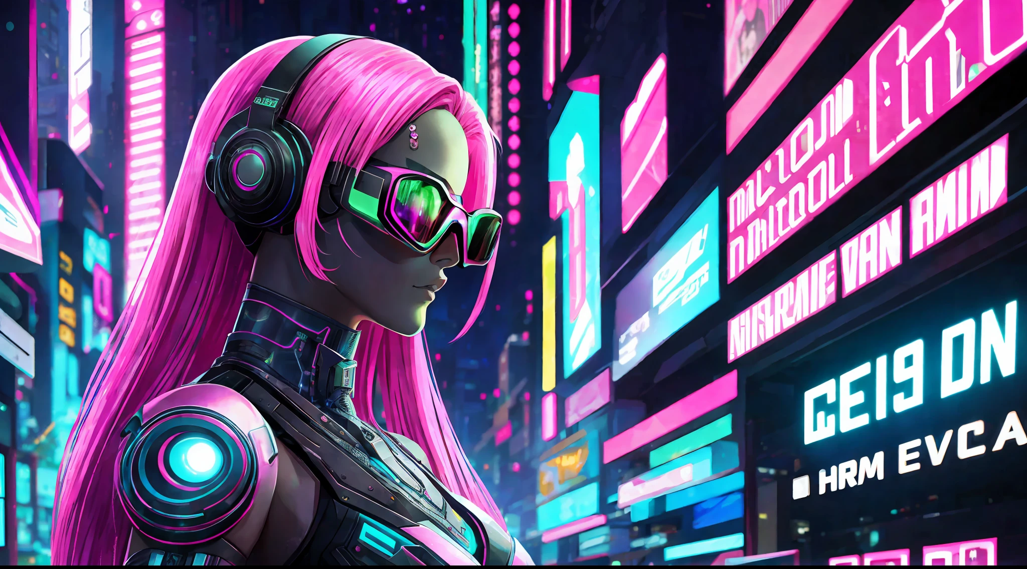 She stood out from the crowd with her pink-dyed hair and a pair of virtual reality glasses that glowed in green neon. Her delicate face was accentuated by an elegant painting of cybernetic makeup, e ela parecia estar imersa no mundo virtual a sua frente.
Ao redor dela, The world seemed on fire with smoky neons emanating a dazzling light that seemed to guide its way. She was at the center of a cyberpunk scene full of tall buildings and hanging electrical wires, giving the impression that she was a cyber warrior ready to take control.
Com todos os olhos voltados para ela, She walked confidently through the dark alleys, pronta para enfrentar qualquer desafio digital que aparecesse em seu caminho. She was the embodiment of digital freedom, A true cybernetic queen. --auto --s2
