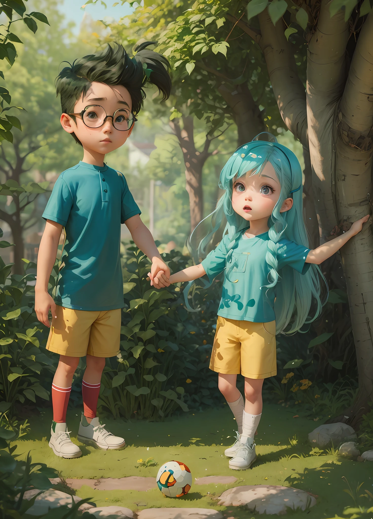there are two children standing next to each other in a garden, Loish e Ross Tran, medium shot of two characters, animated film, animated film, 3 d animated movie, Loish Van Baarle, Akehiko Inoue e Ross Tran, Filme 2D ainda, Jin Shan e Ross Tran, Ross Tran e Bayard Wu, Personagens 3D --auto --s2
