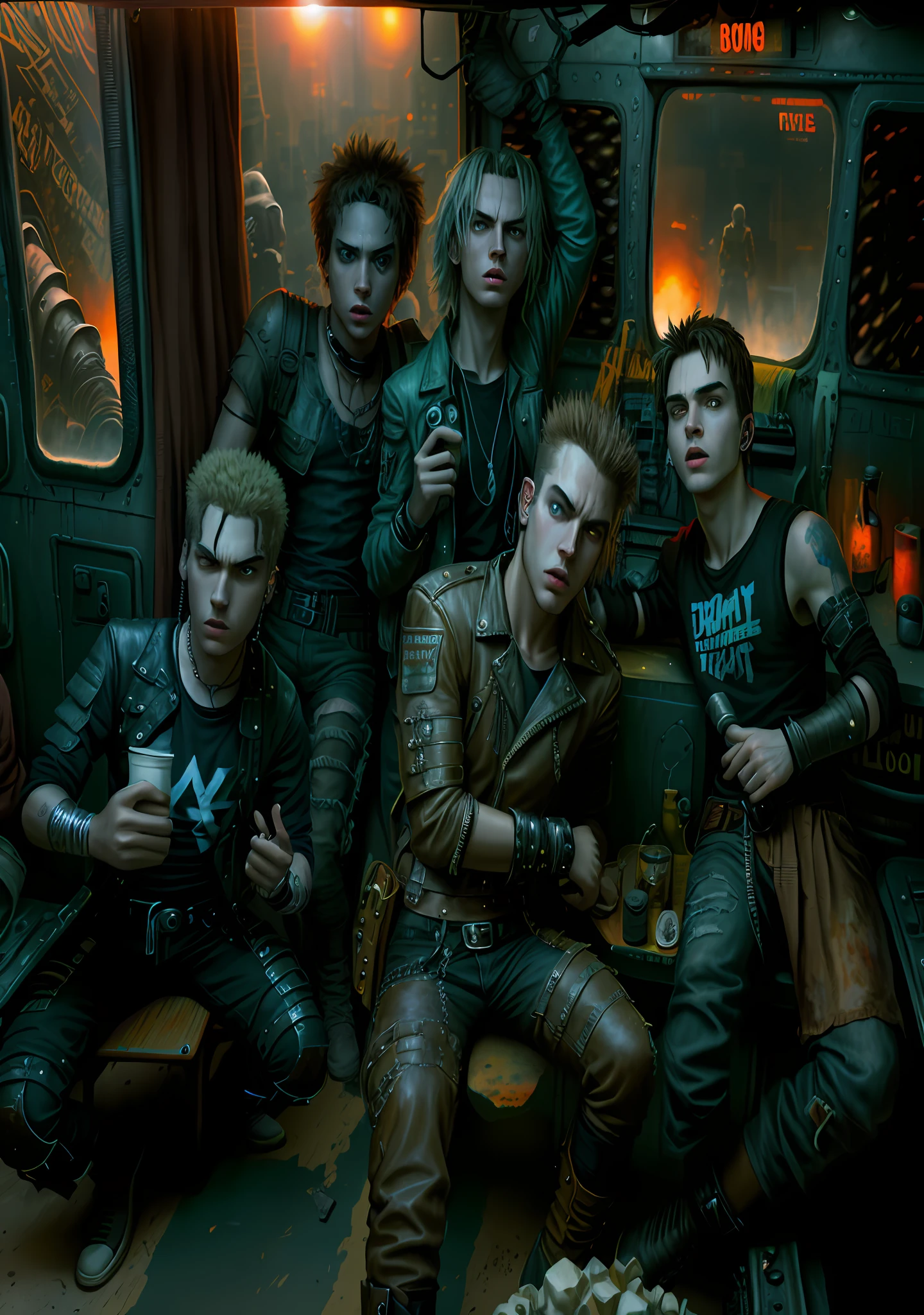 Teenage male rock band, 19 years old, 20 years old, movie poster, mad max, residend evil, high quality, painting, futurism, post apocalyptic, rock band on a bus, sunset, mad max, punk, movie poster, realistic painting art.