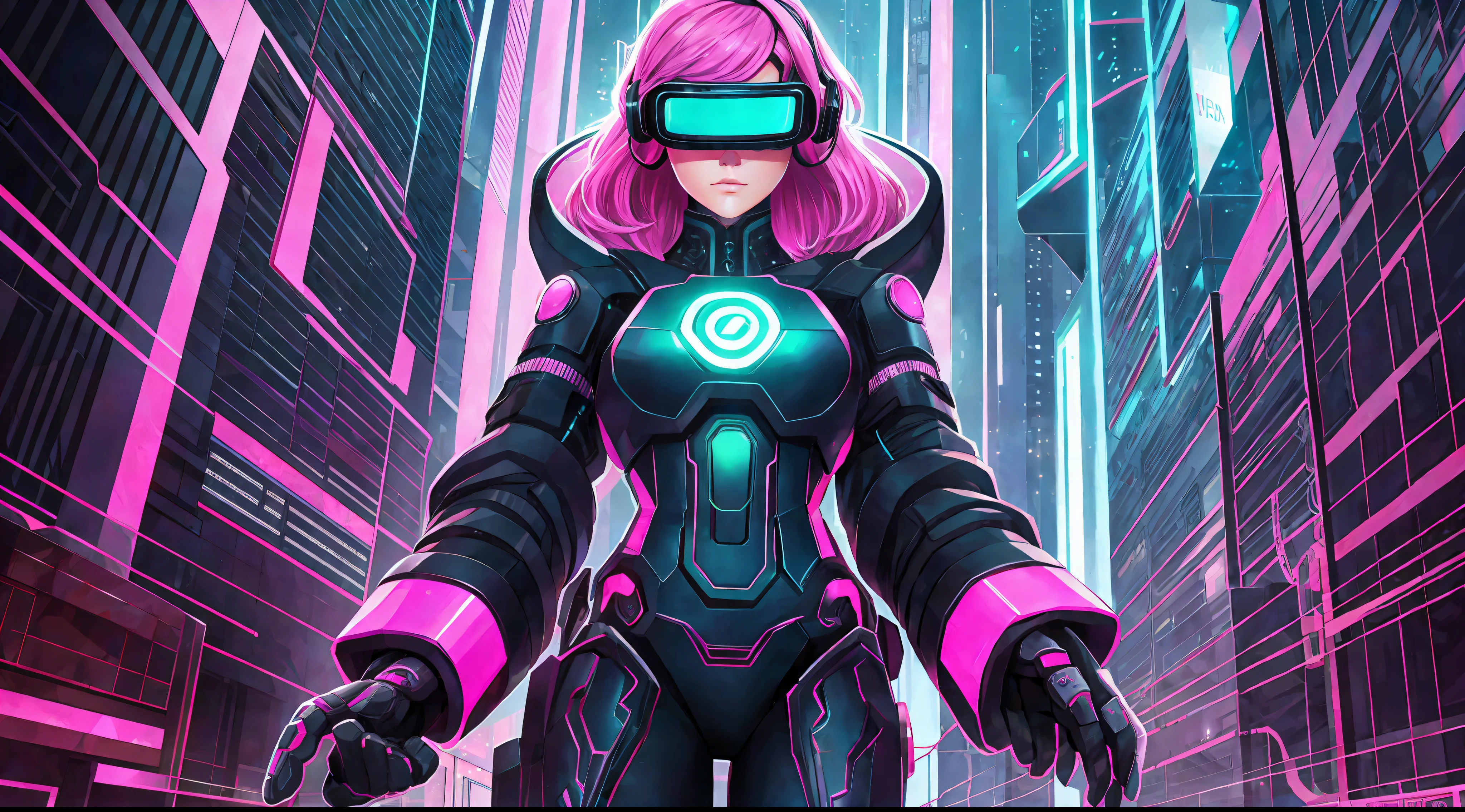 She stood out from the crowd with her pink-dyed hair and a pair of virtual reality glasses that glowed in green neon. Her delicate face was accentuated by an elegant painting of cybernetic makeup, e ela parecia estar imersa no mundo virtual a sua frente.
Ao redor dela, The world seemed on fire with smoky neons emanating a dazzling light that seemed to guide its way. She was at the center of a cyberpunk scene full of tall buildings and hanging electrical wires, giving the impression that she was a cyber warrior ready to take control.
Com todos os olhos voltados para ela, She walked confidently through the dark alleys, pronta para enfrentar qualquer desafio digital que aparecesse em seu caminho. She was the embodiment of digital freedom, A true cybernetic queen. --auto --s2
