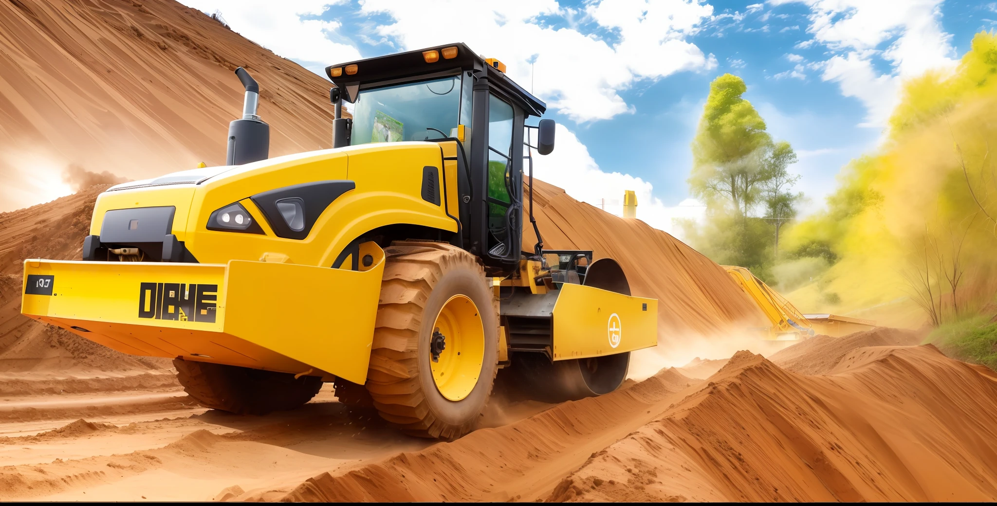 a close up of a yellow construction vehicle on a dirt road, maquinas pesadas, massive construction machines, ground-quebra, Jcb, digging, construction, trabalhando duro, mining, foto retrato, Retrato de um grande, imagem de alta qualidade", advertising photo, foto do instagram, inovador, Simon Hollósy, demolition, fotografia - shot, cascalhos ao redor, Martelo grande