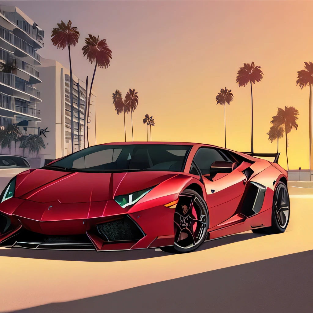 A photo of a lamborghini in Miami beach, gtav style detailed illustration, official artwork, red sunset
