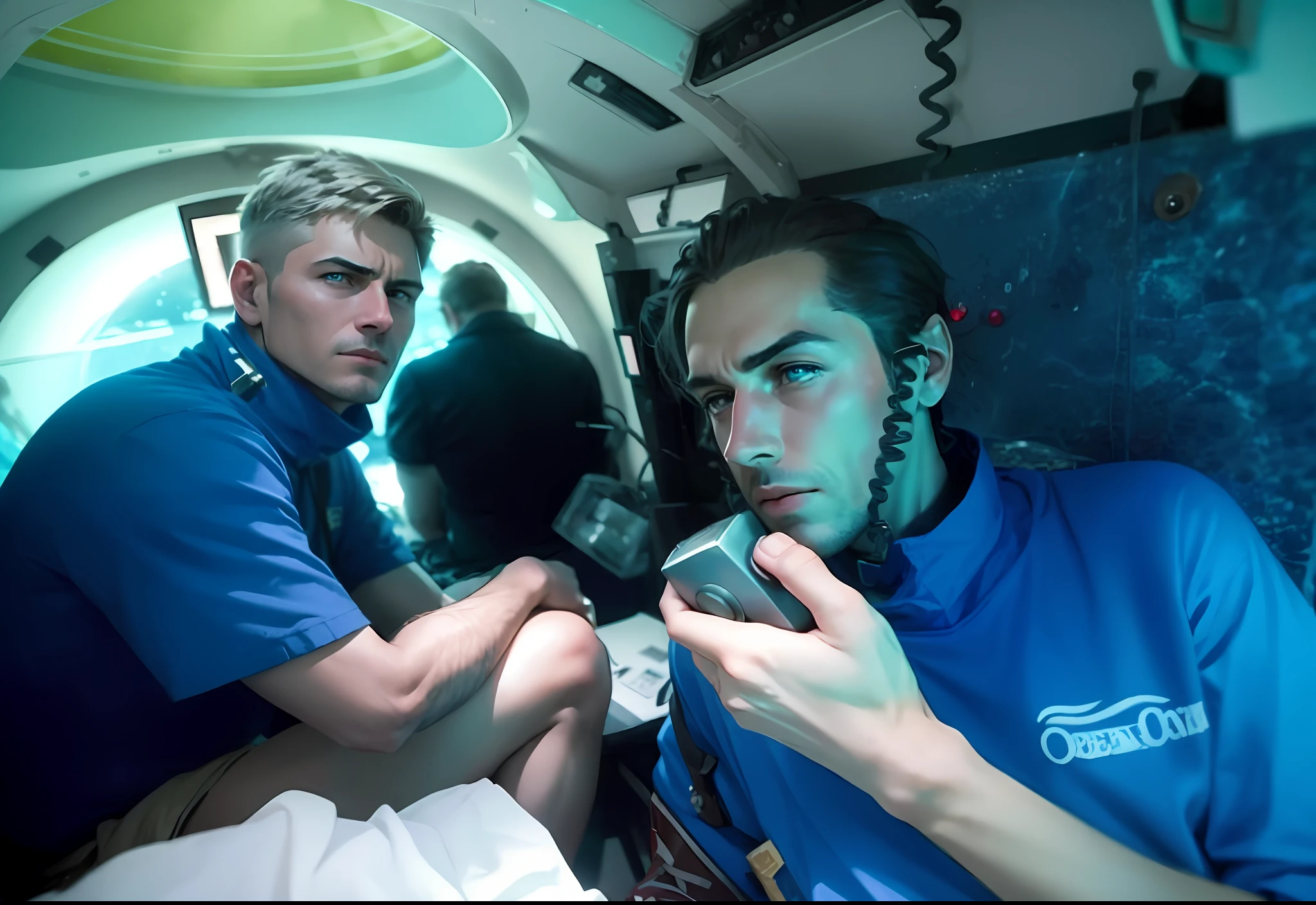 Um homens hiper-realista, dentro de um submarino, olhando para doto com cara de tristesa; sharp facial features, cineamtic, lente de 35mm, f/1.8, accent lighting, Global Lighting –Uplight –V 4 --auto --s2