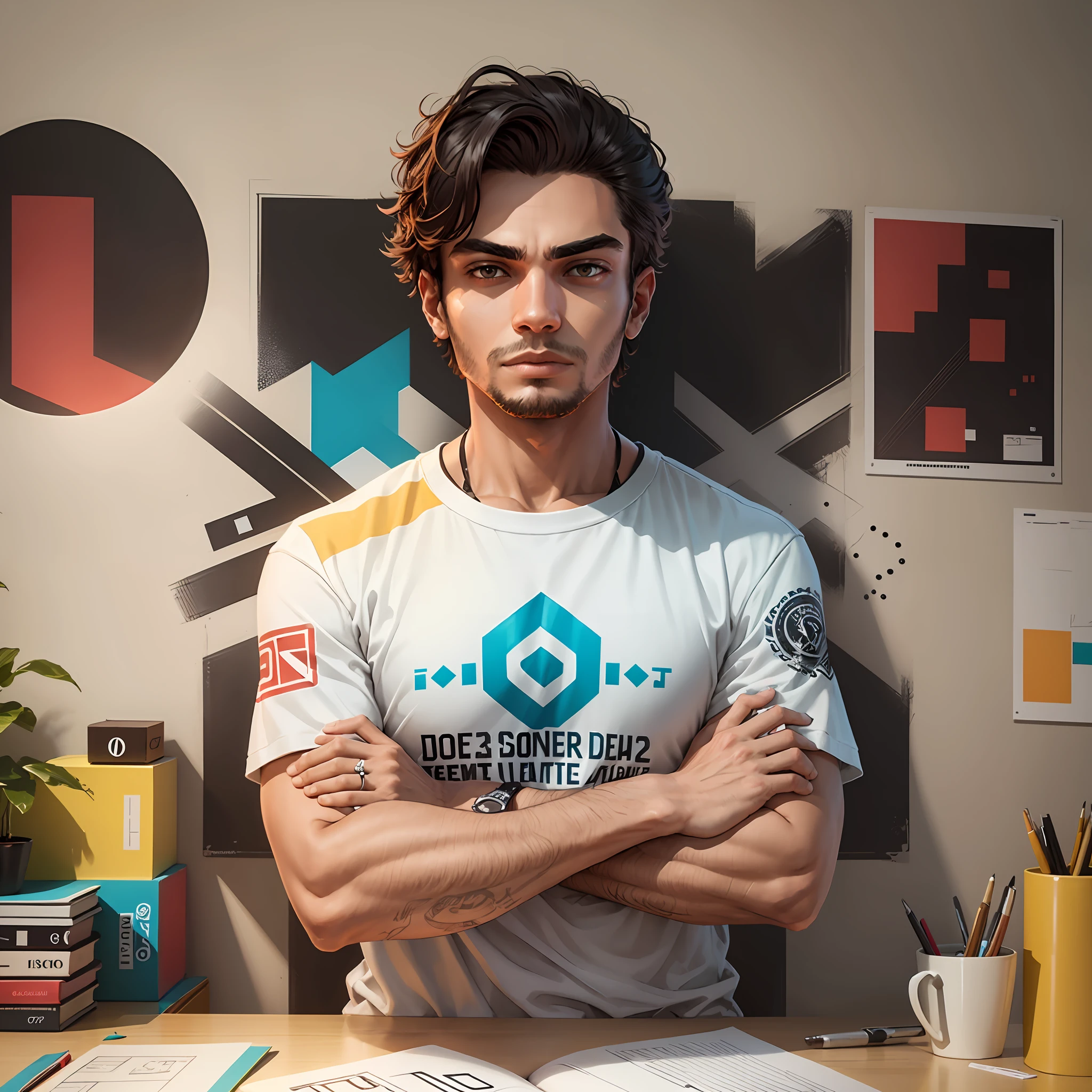 jovem descolado, homem, graphic designer, designer profession, with arms crossed, fundo de cores, designer de qualidade, mentor --auto --s2