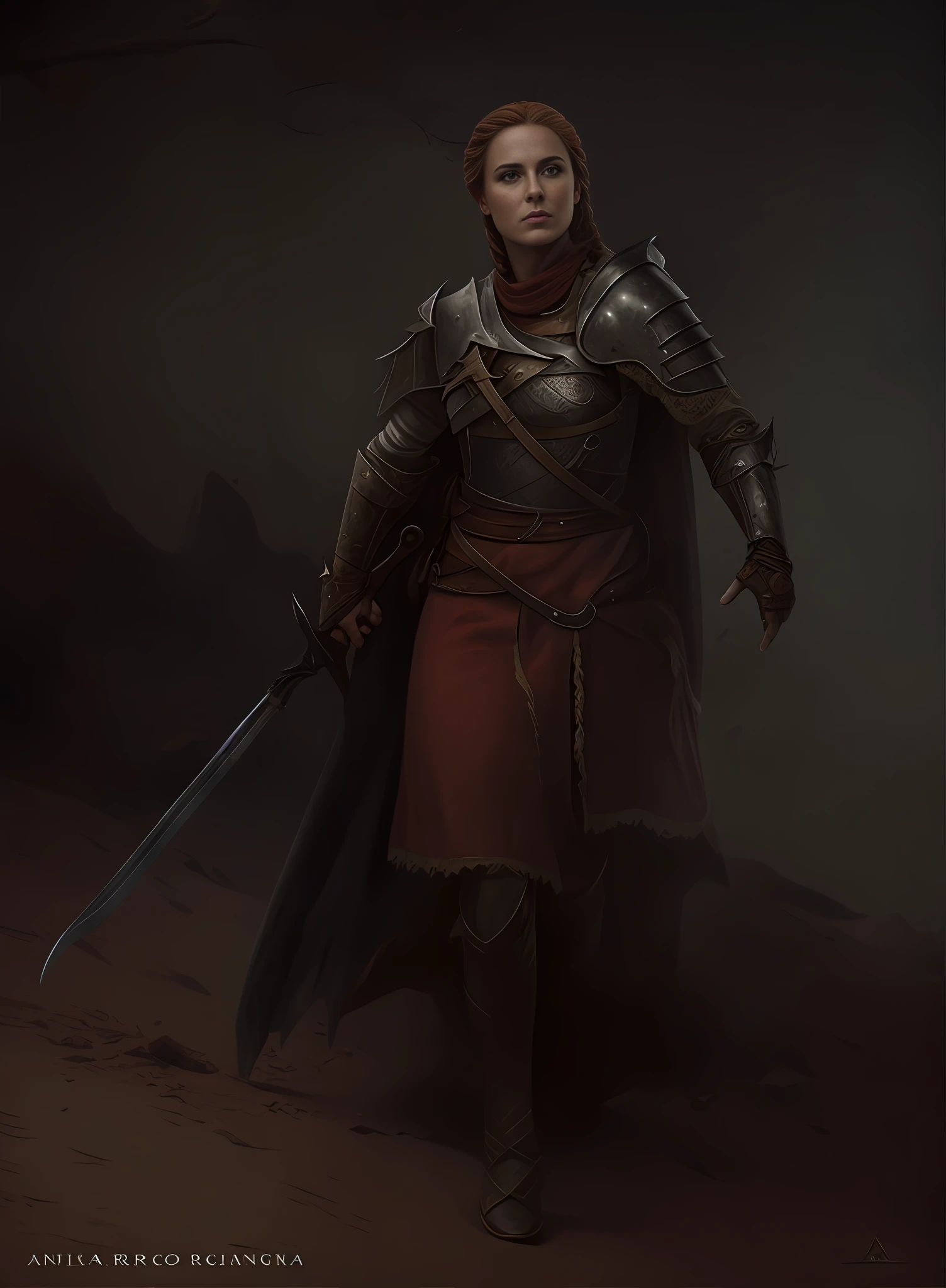 imagem arafed de uma mulher em armadura segurando uma espada, cavaleiro feminino, Retrato do Paladino Feminino, Guerreira adulta do norte, retrato cavaleiro feminino, fantasia paladin mulher, female paladin, Guerreira do Norte, Guerreira, Arte conceitual de um guerreiro, female redhead templar, picture of female paladin, eve ventrue, cavaleiro feminino bonito, armadura e roupas desgastadas, armadura leve de couro, cinematic RAW sincere portrait photo, foto de corpo inteiro, (pele altamente detalhada: 1.2), film grain, Fujifilm XT3 olhos abertos perfeitos, corpo forte, serious face, rosto intimidador, braids in hair, roupa altamente detalhada