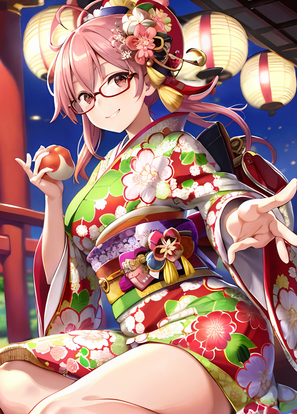 (maximum quality)、MASTERPIECE、Extremely Delicate and Beautiful、Highly detailed、hll、Unity、2k wallpaper、astonishing、Fine details、light grin smile、Highly detailed ticker Unity 8k wallpaper、Huge File Size、Super Detailed、High res、absurdress、 In the heart of the bustling Japan capital of Edo、Girl in traditional costume of Japan walks through a crowded street。Her kimono with glasses decorated in bright shades of pink is、She holds a big peach in one hand、Intricately decorated with colorful designs of peaches