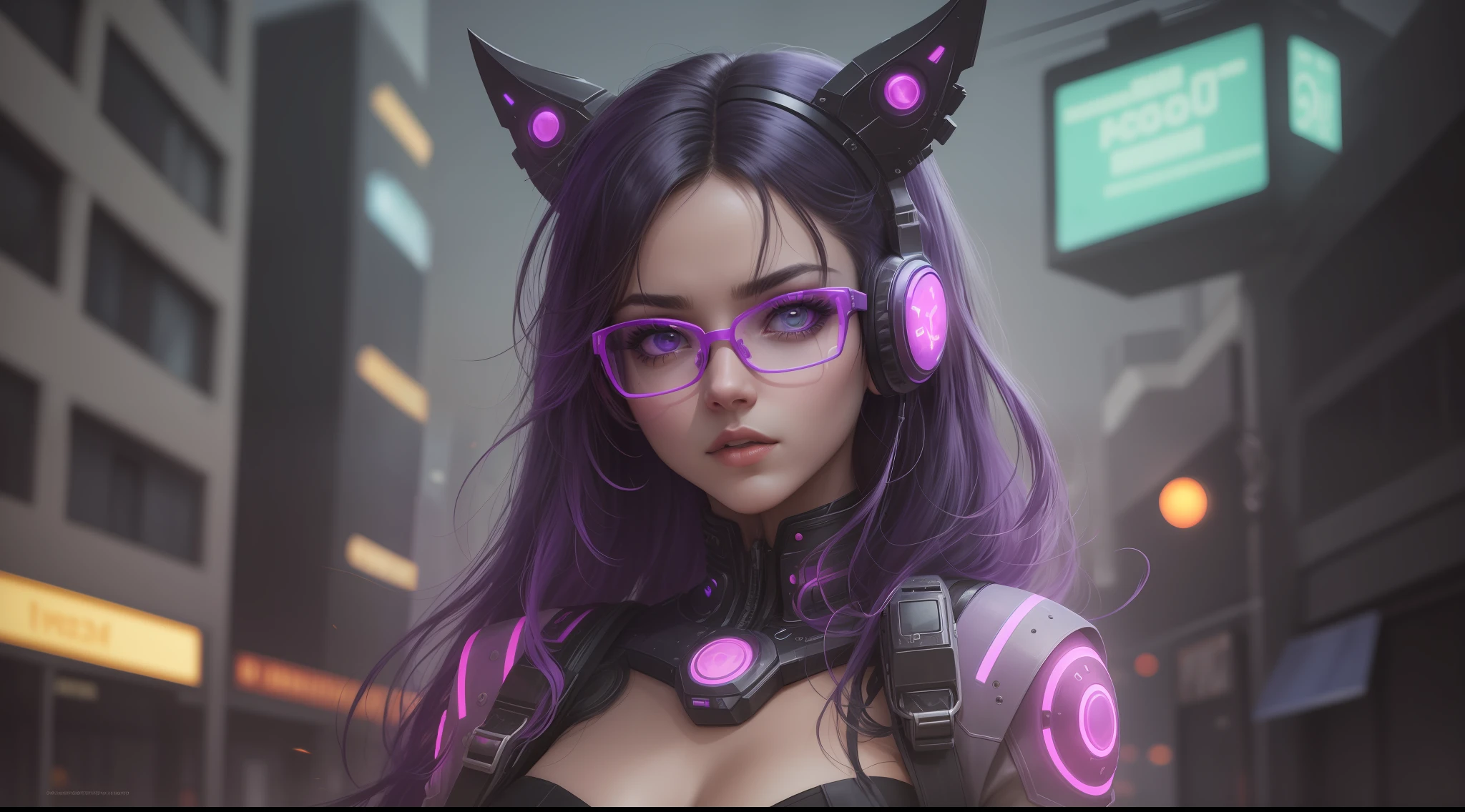 She stood out from the crowd with her half-black, half-violet hair and a pair of neon-violet light glasses that glowed in neon green. Her delicate face was accentuated by an elegant painting of cybernetic makeup, e ela parecia estar imersa no mundo virtual a sua frente.
Ao redor dela, The world seemed on fire with smoky neons emanating a dazzling light that seemed to guide its way. She was at the center of a cyberpunk scene full of tall buildings and hanging electrical wires, giving the impression that she was a cyber warrior ready to take control.
Com todos os olhos voltados para ela, She walked confidently through the dark alleys, pronta para enfrentar qualquer desafio digital que aparecesse em seu caminho. She was the embodiment of digital freedom, A true cybernetic queen. --auto --s2