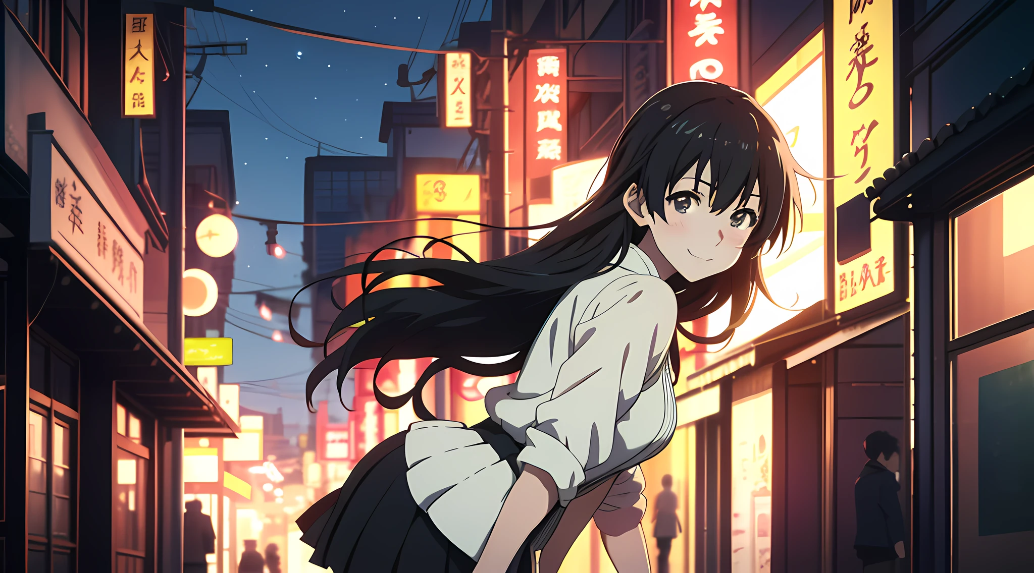 highres, ultra detailed, (1girl:1.3), (dynamic pose):1.0 BREAK, cowboy shot, 1 extremely beautiful and glamorous school idol at downtown night street, wearing a white collard shirt and a knee-length long pleats skirt, black stockings, she has black wavy two-side-up hair style, gigantic-breasted, smile, happy, wind, 8 life size, detailed clothes, detailed body, detailed arms, human hands, detailed hands, blush, light smile, looking the viewer, facing the viewer, sexy model posing, extremely leaning forward against the viewer, Lights are lit around the street and stars are shining in the sky, studio soft light, cinematic light, detailed background, realistic, ultra-realistic, masterpiece, 32k ultra-sharp image, Japanese anime waifu, concept art by Kyoto animation, Makoto Shinkai,