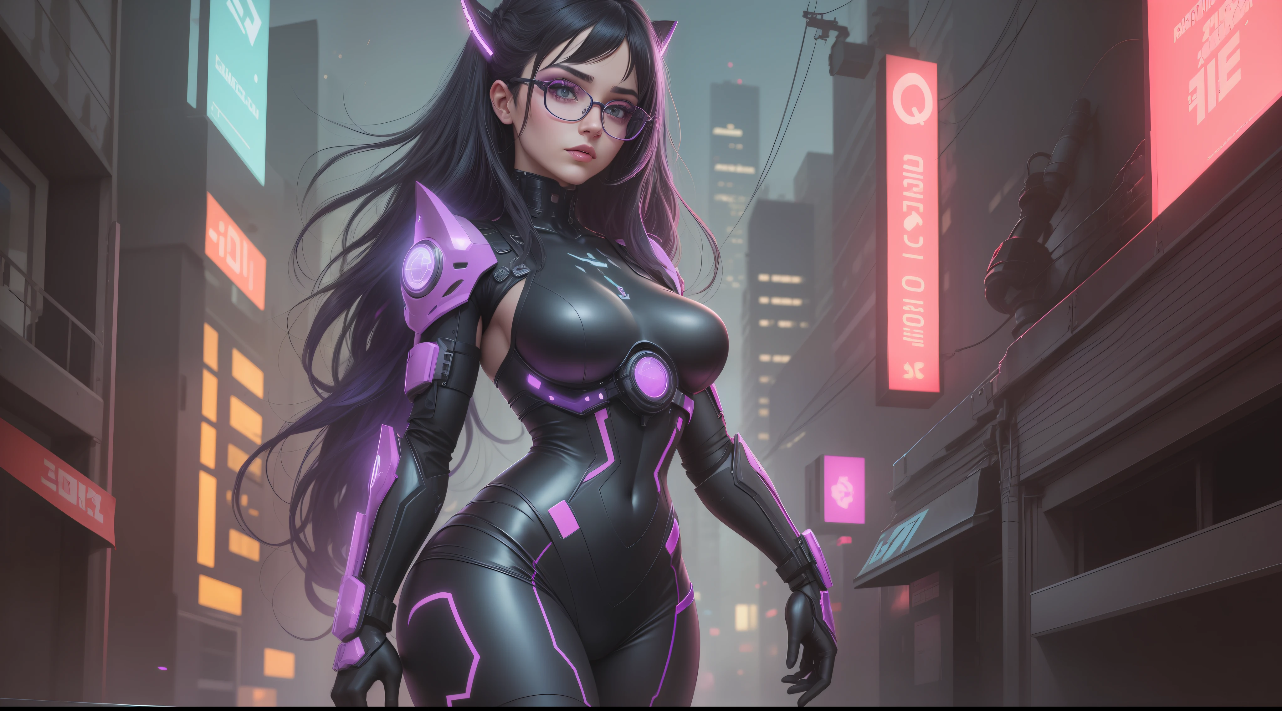 She stood out from the crowd with her half-black, half-violet hair and a pair of neon-violet light glasses that glowed in neon green. Her delicate face was accentuated by an elegant painting of cybernetic makeup, e ela parecia estar imersa no mundo virtual a sua frente.
Ao redor dela, The world seemed on fire with smoky neons emanating a dazzling light that seemed to guide its way. She was at the center of a cyberpunk scene full of tall buildings and hanging electrical wires, giving the impression that she was a cyber warrior ready to take control.
Com todos os olhos voltados para ela, She walked confidently through the dark alleys, pronta para enfrentar qualquer desafio digital que aparecesse em seu caminho. She was the embodiment of digital freedom, A true cybernetic queen. --auto --s2