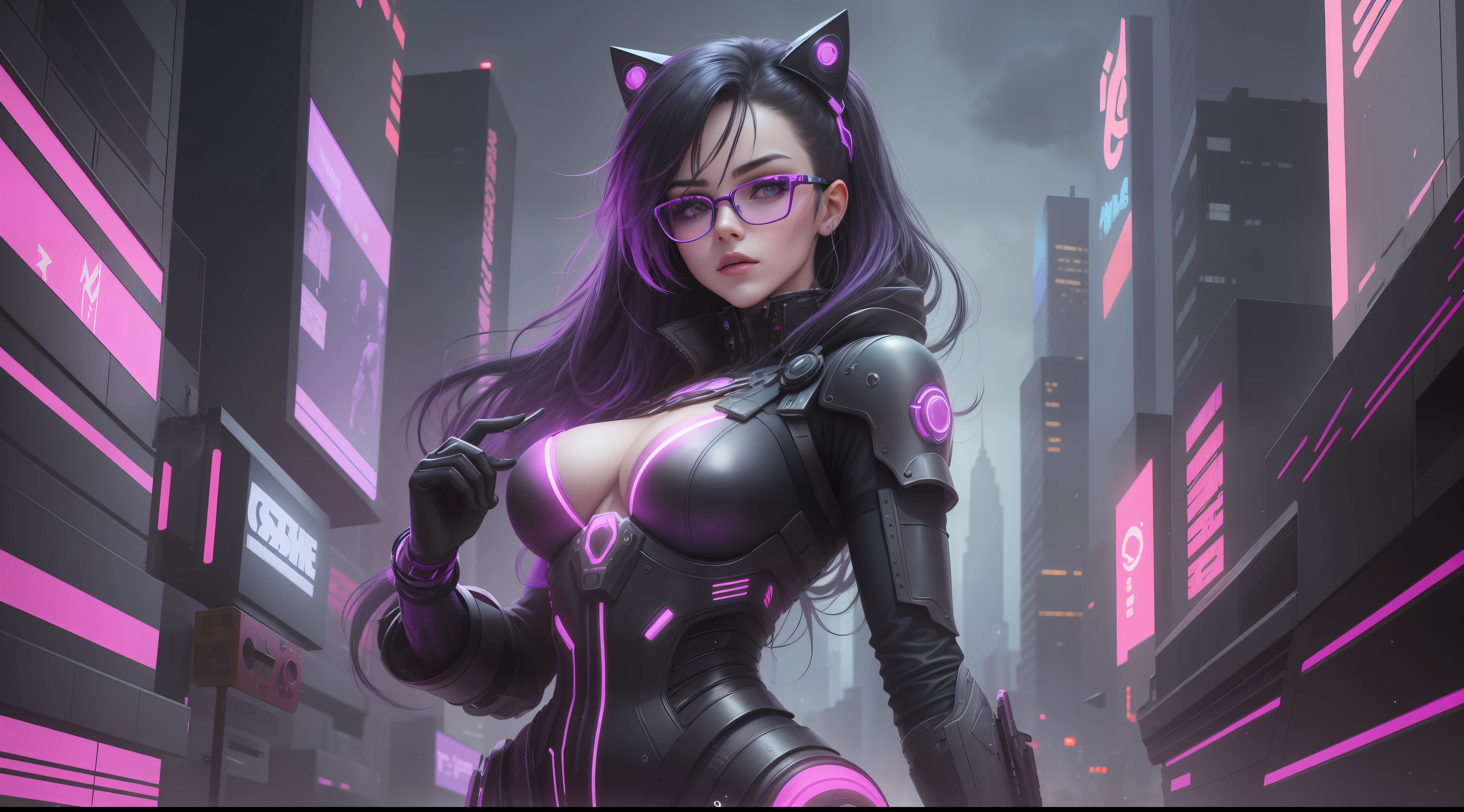 She stood out from the crowd with her half-black, half-violet hair and a pair of neon-violet light glasses that glowed in neon green. Her delicate face was accentuated by an elegant painting of cybernetic makeup, e ela parecia estar imersa no mundo virtual a sua frente.

Ao redor dela, The world seemed on fire with smoky neons emanating a dazzling light that seemed to guide its way. She was at the center of a cyberpunk scene full of tall buildings and hanging electrical wires, giving the impression that she was a cyber warrior ready to take control.

Com todos os olhos voltados para ela, She walked confidently through the dark alleys, pronta para enfrentar qualquer desafio digital que aparecesse em seu caminho. She was the embodiment of digital freedom, A true cybernetic queen. --auto --s2
