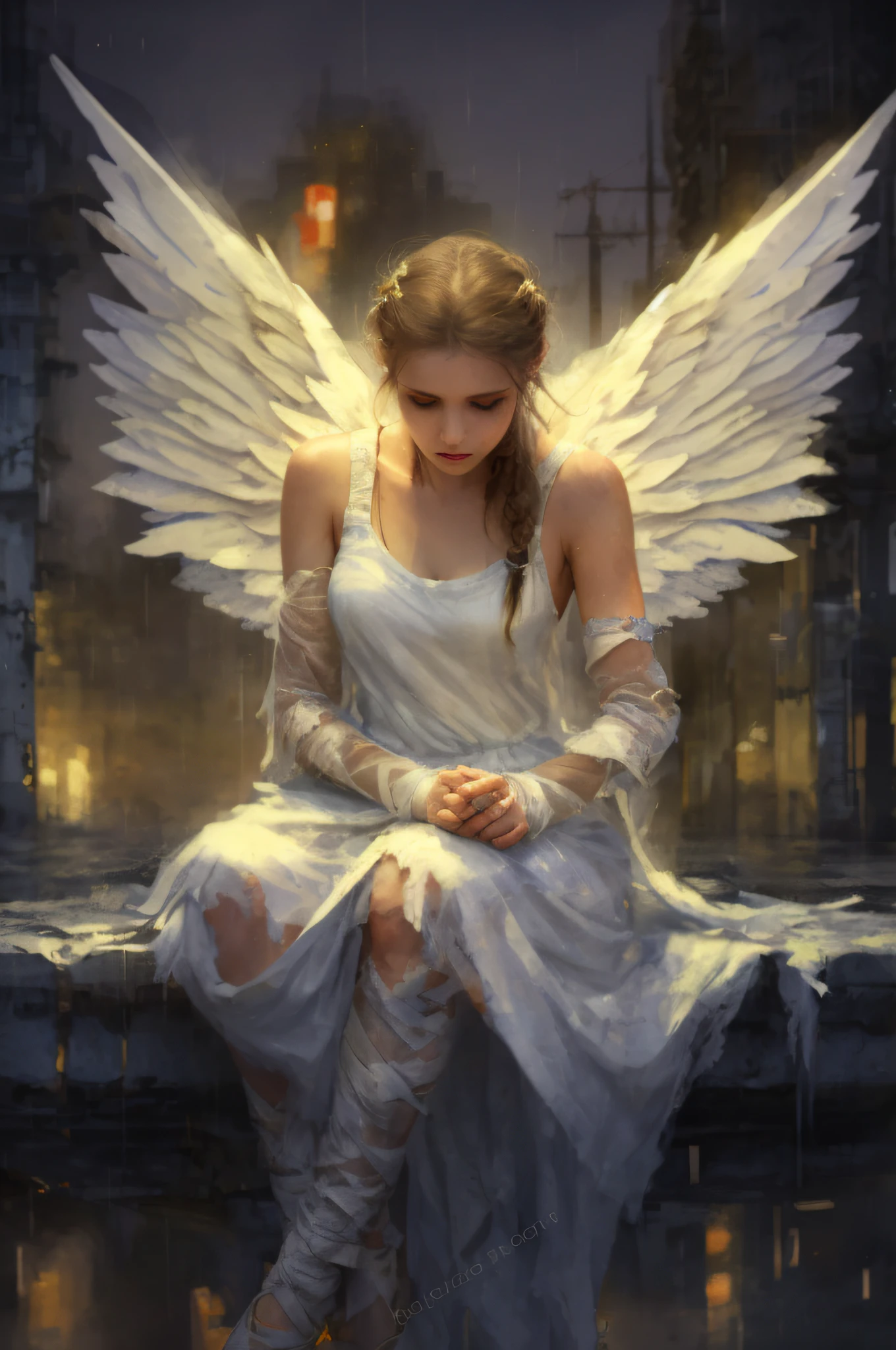 a woman with angel wings, in a white dirty torn dress with bandages on her arms and legs, sitting on a ledge, sitting against the background of yellow and blue lights, rain, muted colors, bokeh ((masterpiece, best quality)), high detail, detailed face, blood particles, full body