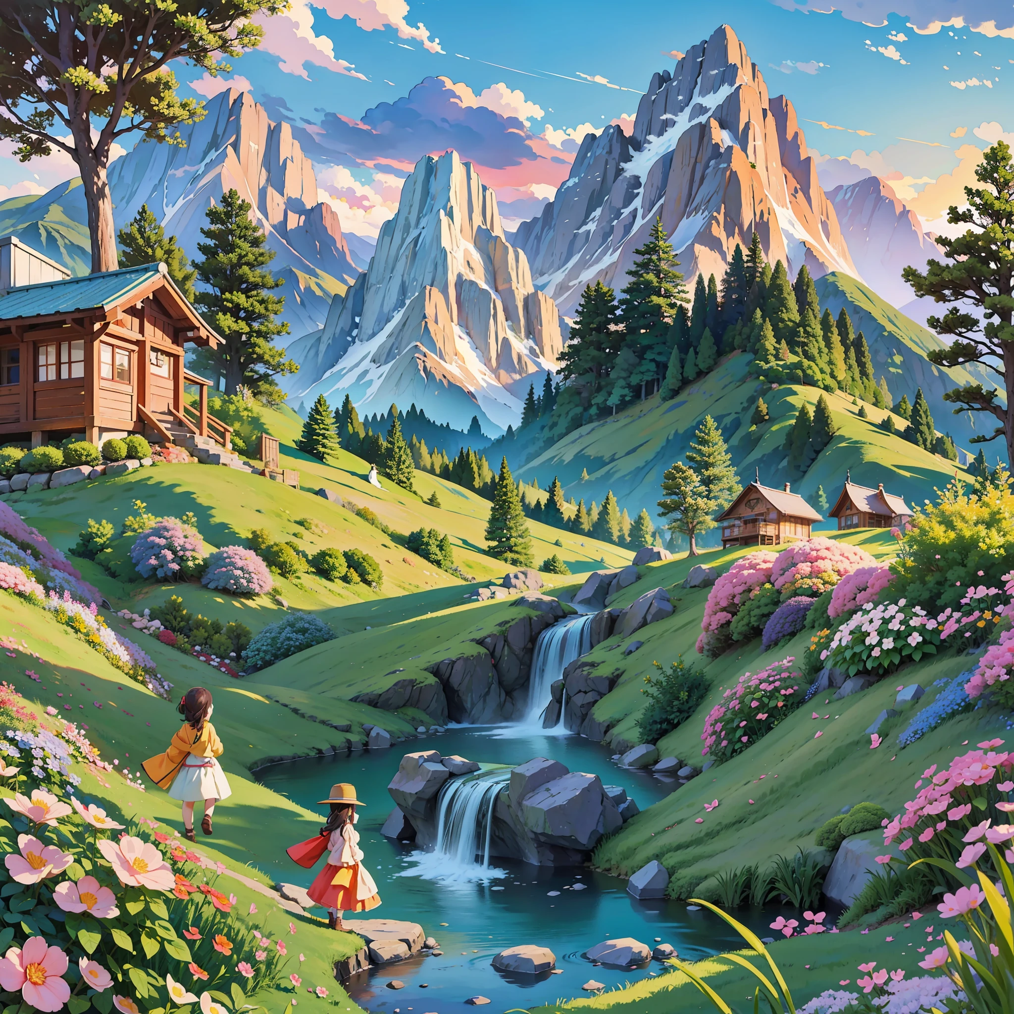 Illustration of mountain dwellings, waterfalls in the backyard, a beautiful brick trail lead to a beautiful flowering garden, children play at sunny dusk in a beautiful grassy garden, amazing snows, birds draw the skies