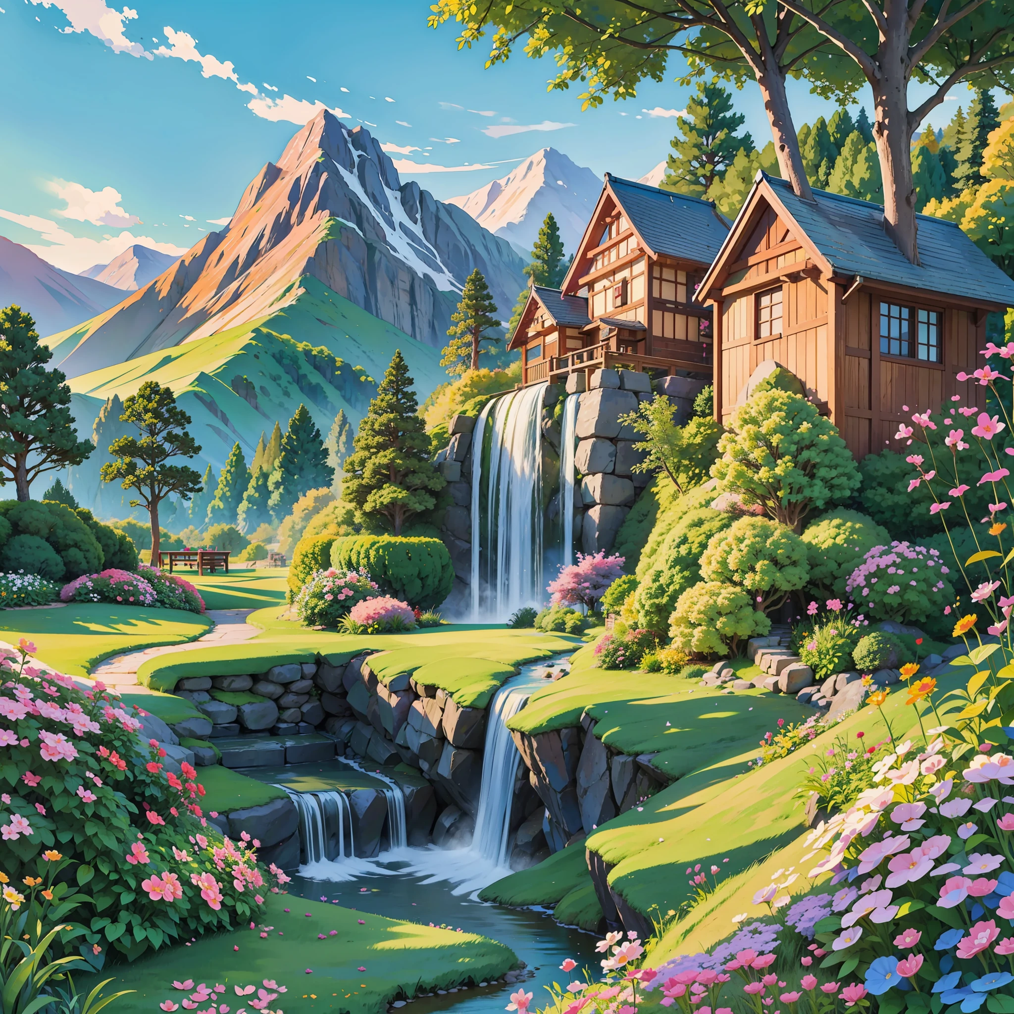 Illustration of mountain dwellings, waterfalls in the backyard, a beautiful brick trail lead to a beautiful flowering garden, children play at sunny dusk in a beautiful grassy garden, amazing snows, birds draw the skies