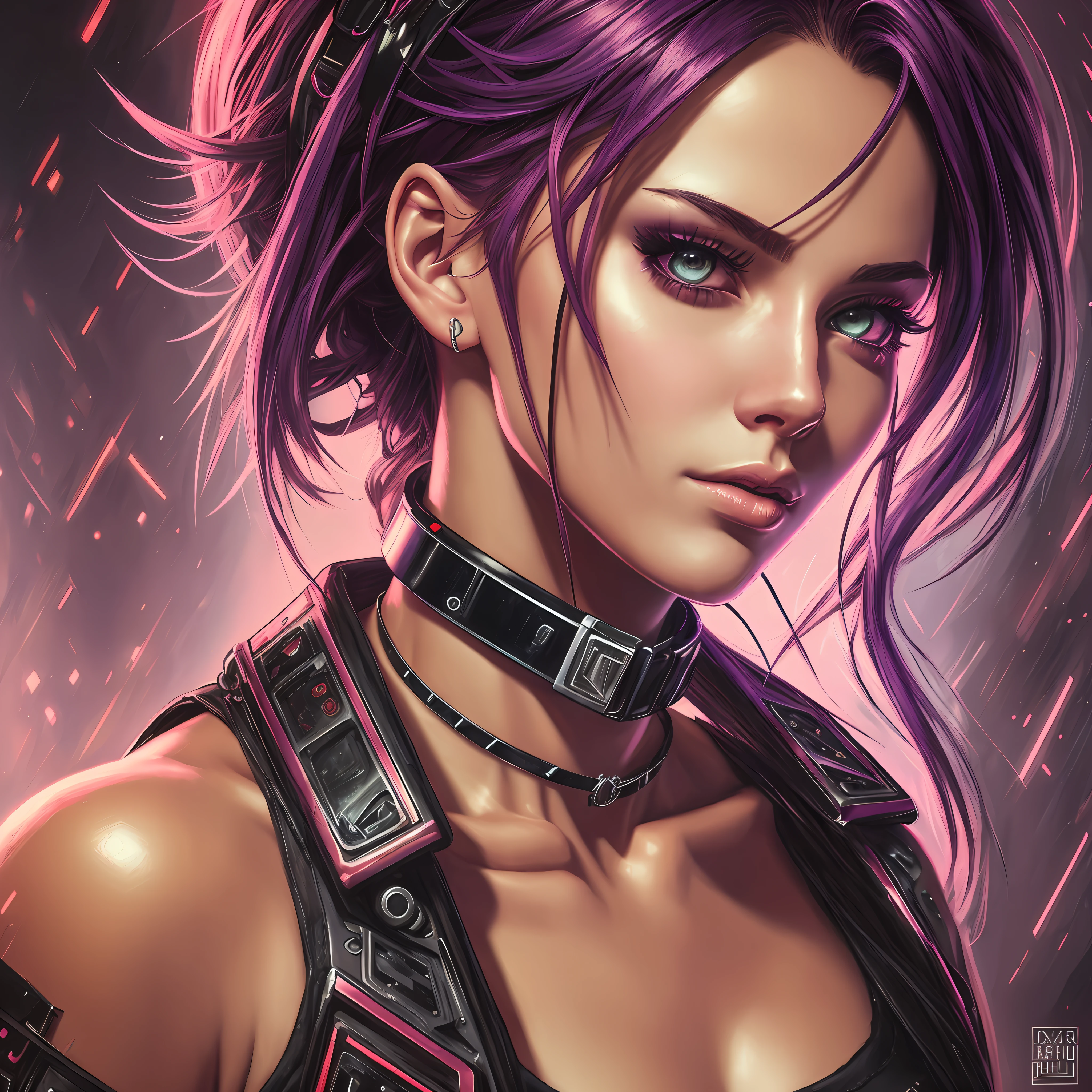 detailed realistic cyberpunk female character cyberpunk wearing steel collar around neck, realistic, art, beautiful, 4K, collar, choker, collar around neck, punk, artstation, detailed, female, woman, choker, cyberpunk, neon, punk, collar, choker, collar around neck, thick collar, choker around neck, wearing choker, wearing collar, bright neon punk hair, expressive oil painting, cinematic, dramatic lighting, trending on artstation, artgerm --auto --s2