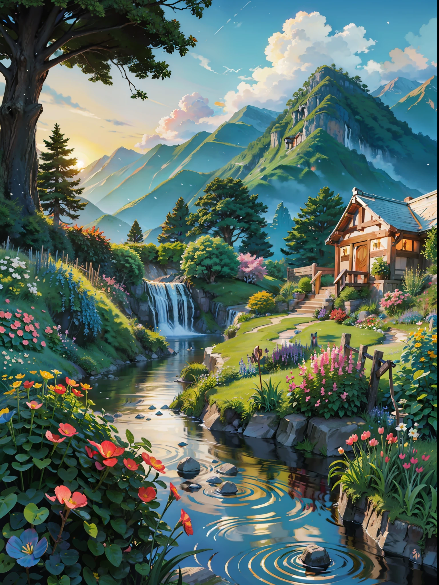 Illustration of mountain dwellings, waterfalls in the backyard, a beautiful brick trail lead to a beautiful flowering garden, children play at sunny dusk in a beautiful grassy garden, amazing snows, birds draw the skies