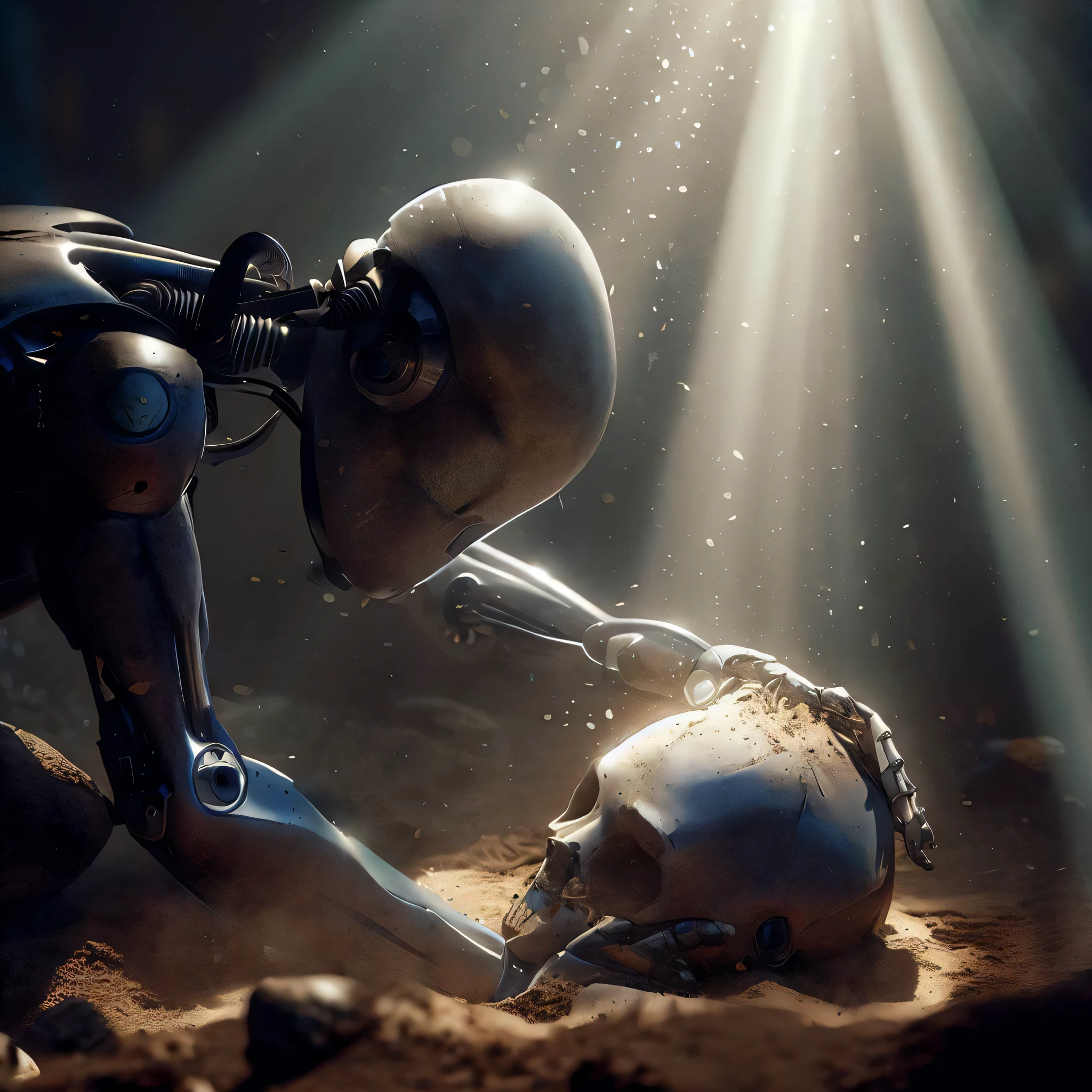 robots are touching each other in a desert area, arte conceitual escura fotorrealista, bionic scifi alexandre ferra, robot killing man, rolands zilvinskis 3d render art, 3d renderizar arte digital, Unreal Engine 5 Arte Digital, bipe. octane render, Beeple e Tim Hildebrandt, Surrealismo 8K, digital art render