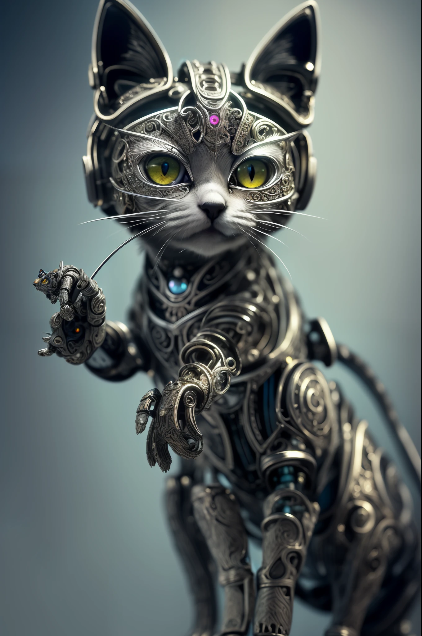 to8contrast style, a cute smoky kitten made out of metal, (cyborg:1.2), ([tail | detailed wire]:1.3), (intricate details), hdr, (intricate details, hyperdetailed:1.2), cinematic shot, vignette, centered, by Stray game, (the most beautiful portrait in the world:1.5)
