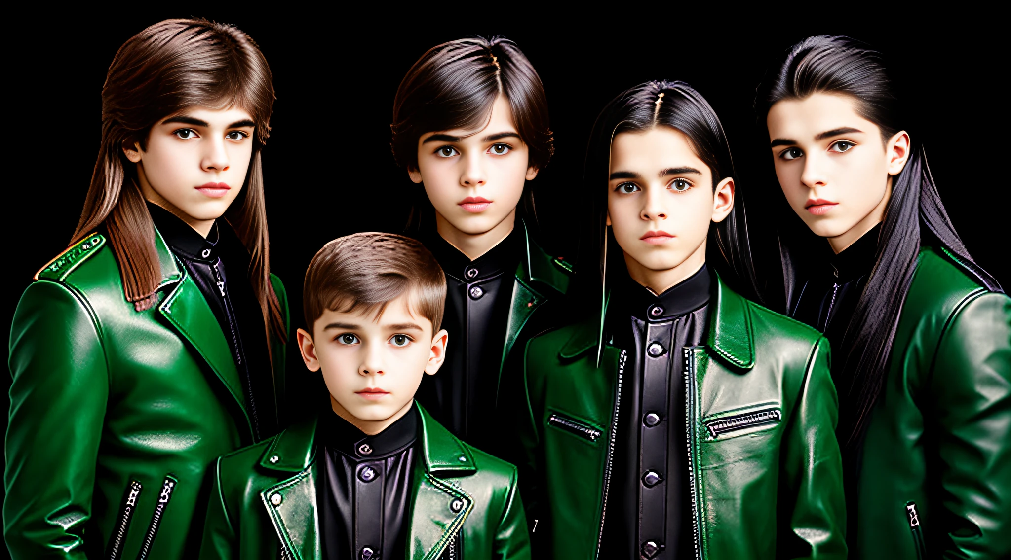 4 BOYS Russian children 20 years old, WITH LONG DARK STRAIGHT HAIR, WITH GREEN LEATHER OVERCOAT, PORTRAIT STYLE, WITH BLACK BACKGROUND.