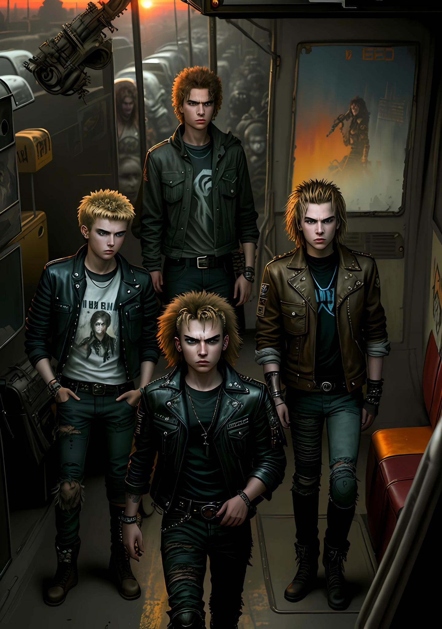 Teenage male rock band, 19 years old, 20 years old, movie poster, mad max, residend evil, high quality, painting, futurism, post apocalyptic, rock band on a bus, sunset, mad max, punk, movie poster, realistic painting art.