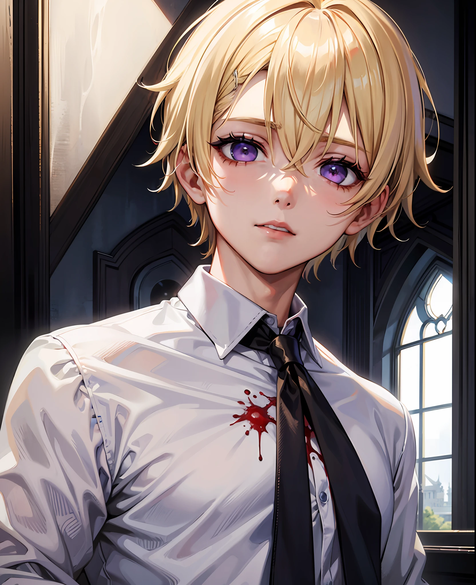 masterpiece, 1boy, blonde Hair, short hair, purple eyes, eyes, white shirt, blood, blood on face, Upper body, portrait, Gloomy Castle