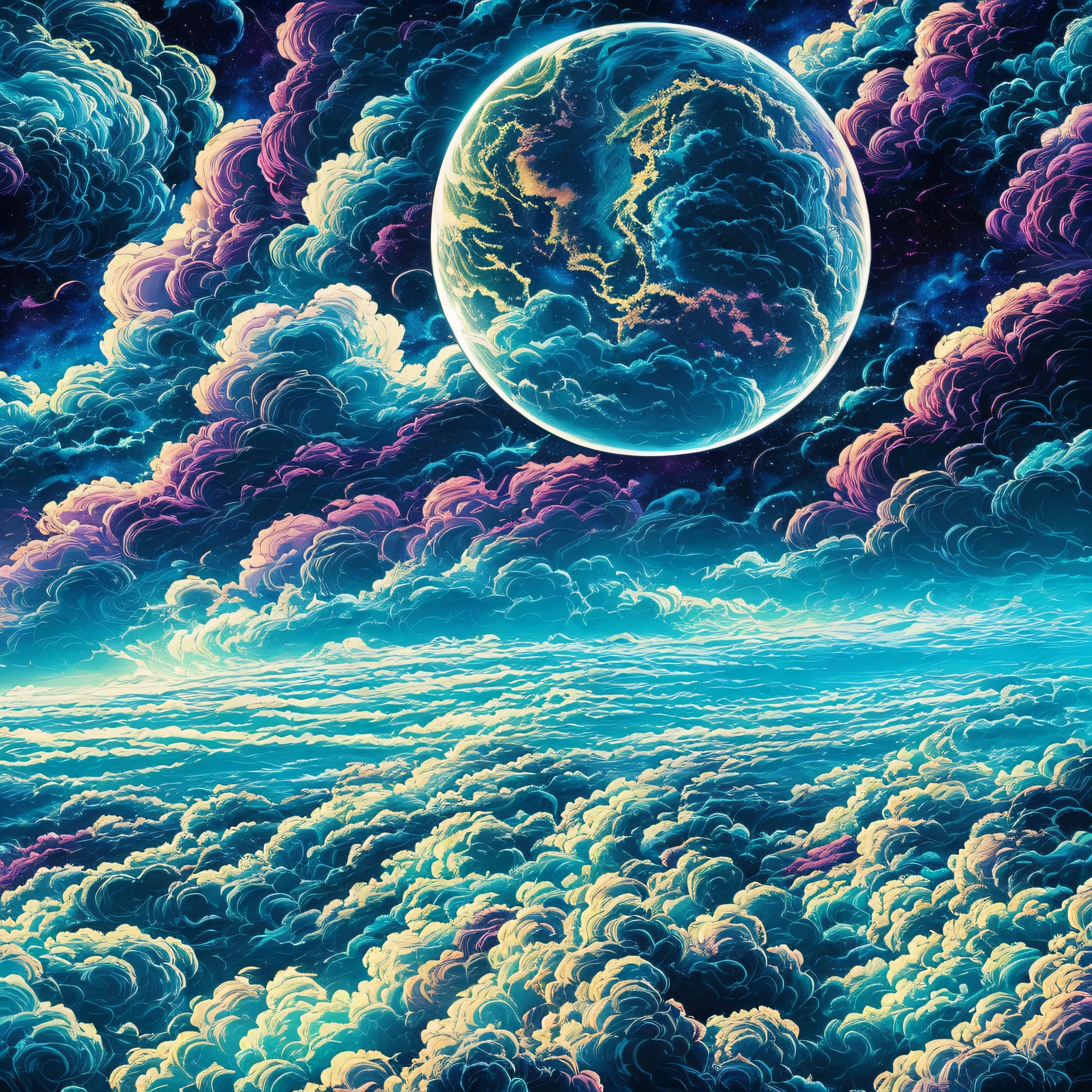 Realistic illustration of Earth's clouds in space by Dan Mumford, highlighting the alien landscape with rich vegetation. The scene is epic, featuring swirling clouds in high exposure with lots of highly detailed detail. Vibrant blue colors bring the illustration to life. [hd:1.2] --auto --s2