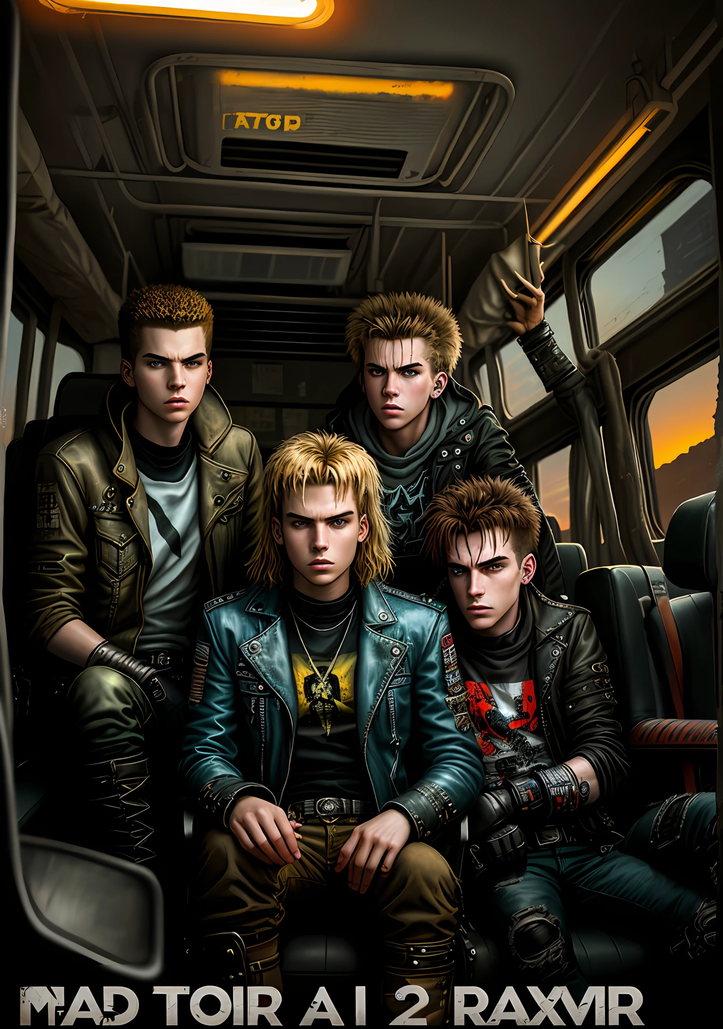 Teenage male rock band, 19 years old, 20 years old, movie poster, mad max, residend evil, high quality, painting, futurism, post apocalyptic, rock band on a bus, sunset, mad max, punk, movie poster, realistic painting art.