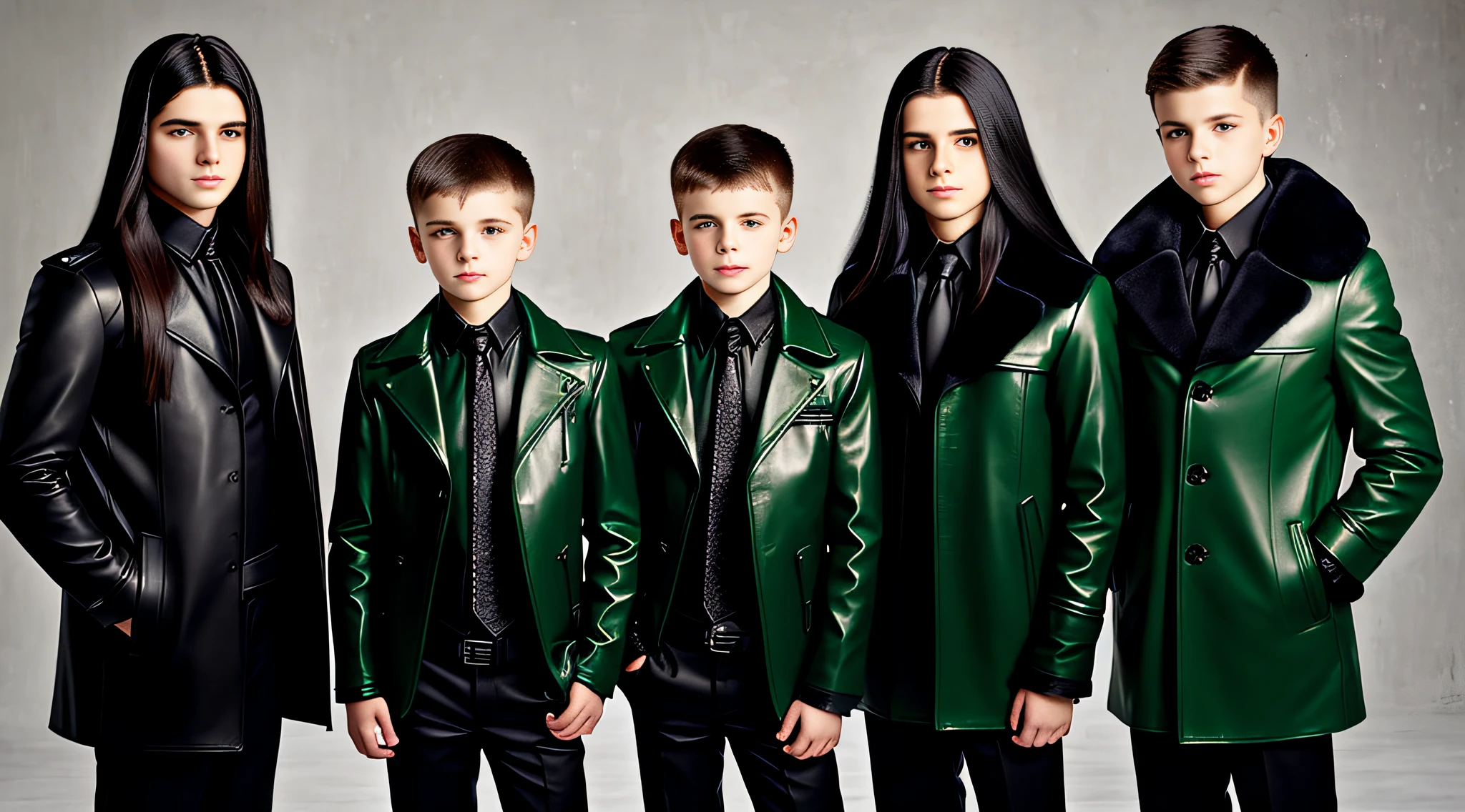 4 BOYS Russian children 20 years old, WITH LONG DARK STRAIGHT HAIR, WITH GREEN LEATHER OVERCOAT, PORTRAIT STYLE, WITH BLACK BACKGROUND.