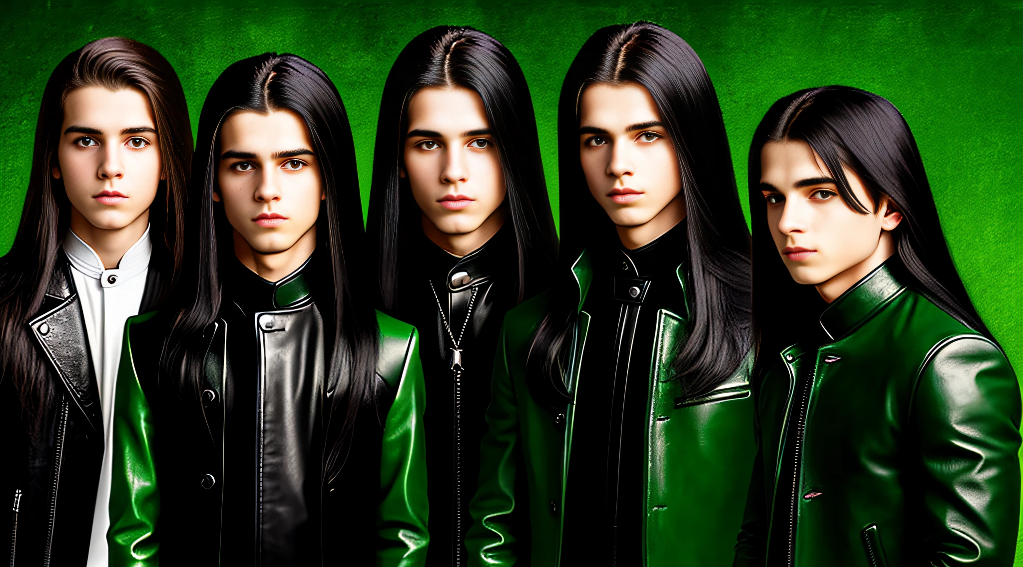 4 BOYS Russian children 20 years old, WITH LONG DARK STRAIGHT HAIR, WITH GREEN LEATHER OVERCOAT, PORTRAIT STYLE, WITH BLACK BACKGROUND.