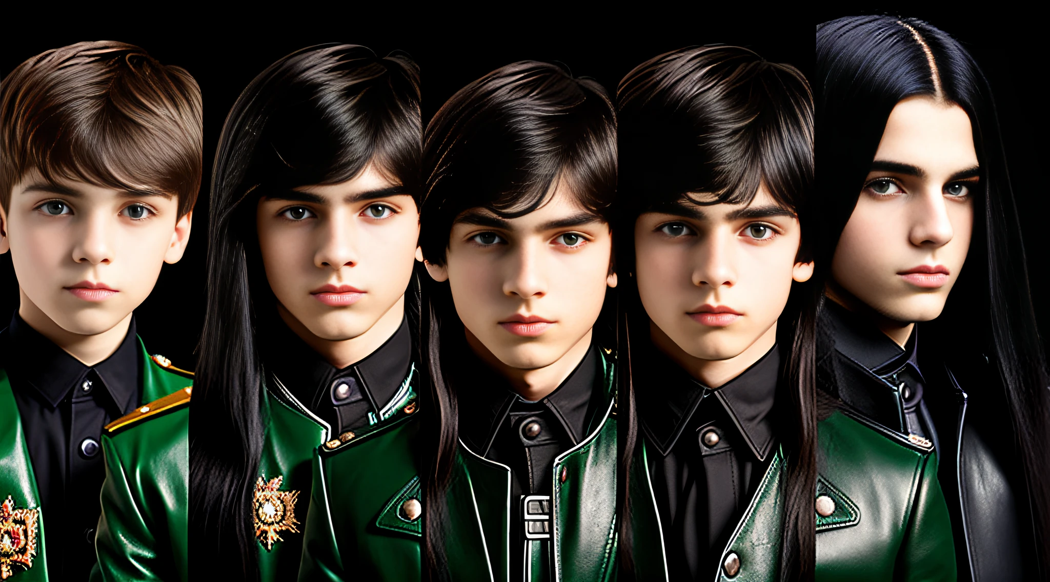 4 BOYS Russian children 20 years old, WITH LONG DARK STRAIGHT HAIR, WITH GREEN LEATHER OVERCOAT, PORTRAIT STYLE, WITH BLACK BACKGROUND.