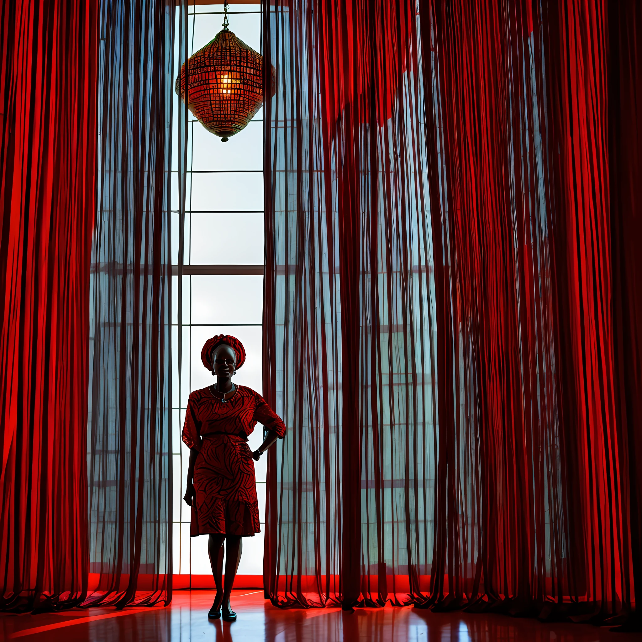 A African lady standing against red transparent big curtains in big hall, looking outside, big window, African theme, canon, depth of field, glowing light, blending, bloom, chromatic aberration abuse, Futurism, Conceptual art, interior architecture, UHD, masterpiece, anatomically correct, high quality, award winning, best quality