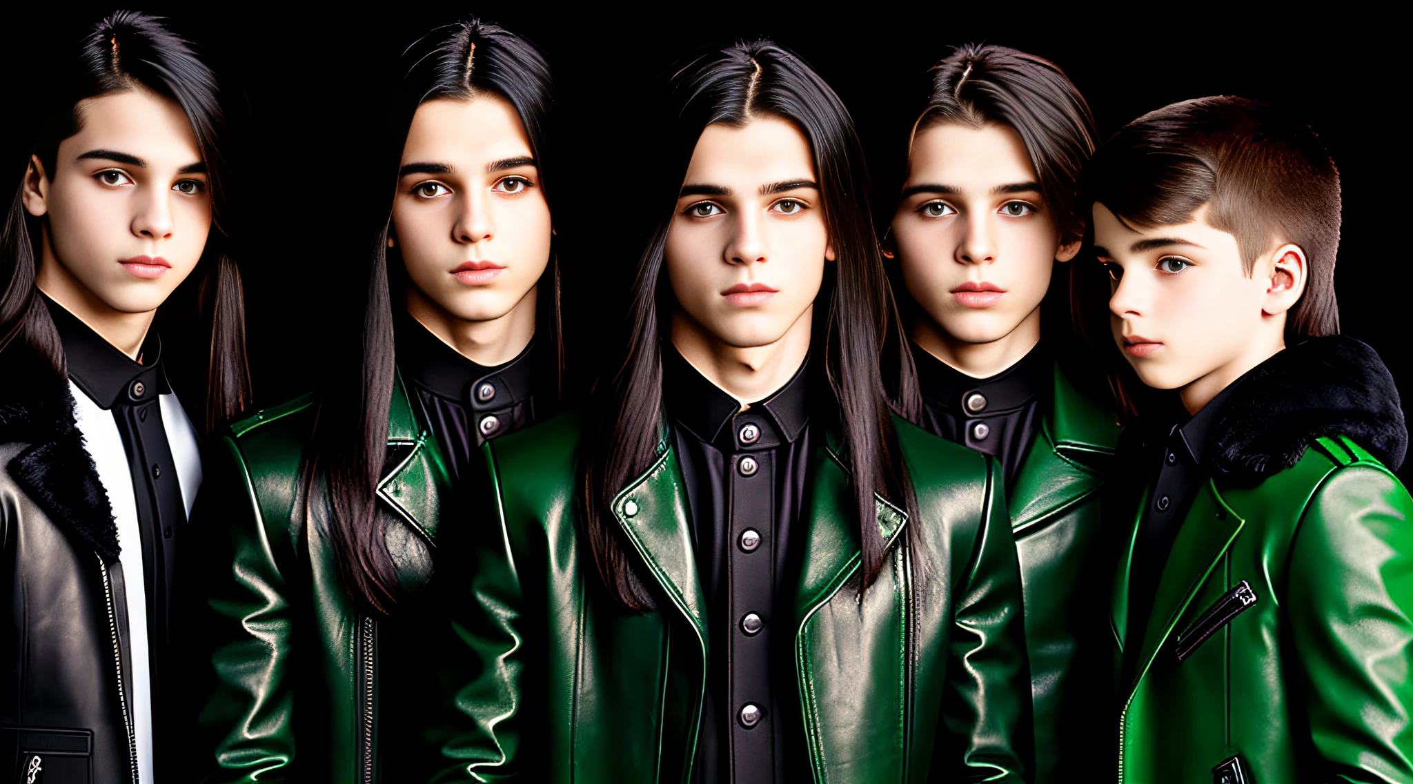 4 BOYS Russian children 20 years old, WITH LONG DARK STRAIGHT HAIR, WITH GREEN LEATHER OVERCOAT, PORTRAIT STYLE, WITH BLACK BACKGROUND.