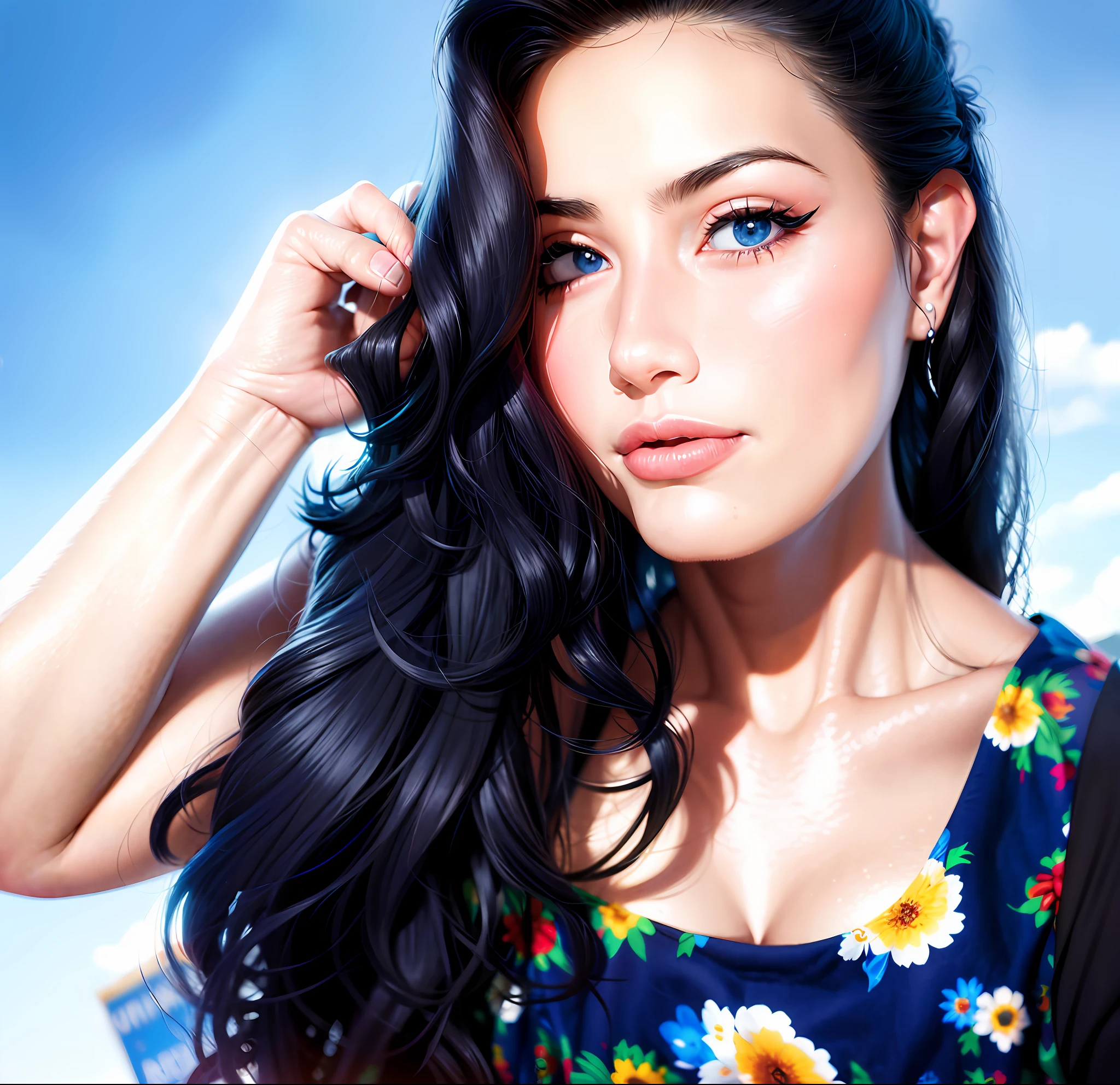 mulher arafed com longos cabelos pretos e um vestido azul, foto de perfil headshot, azul myers, sem maquiagem cabelo ondulado, halfbody headshot, imagem de perfil, cabelos escuros e grossos, foto headshot, com um fundo preto, imagem de perfil, large eyes and flowing long hair, cabelos escuros cacheados. Ultra realistic. 8k Resolution.