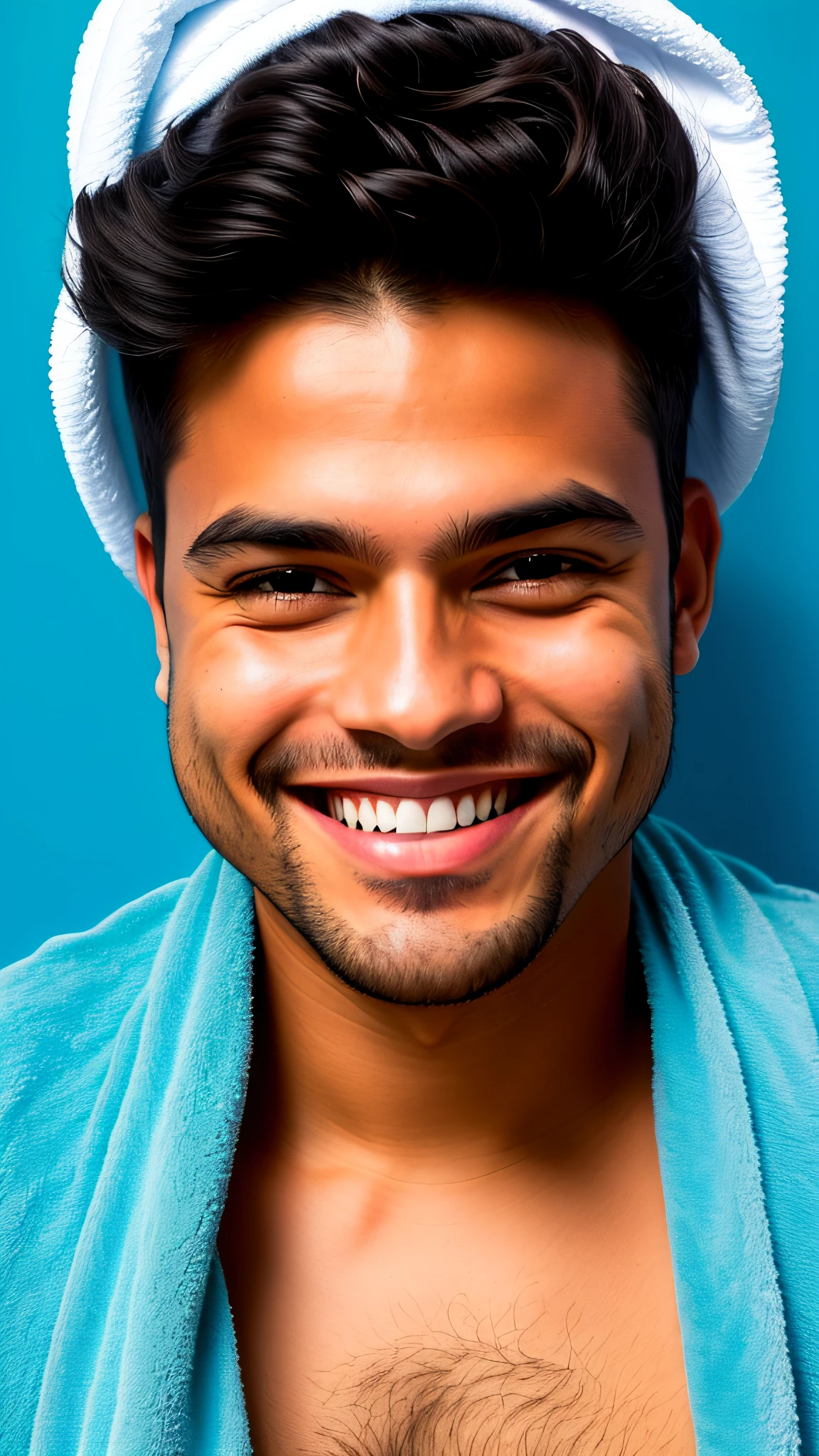smiling man with a blue towel on his head and a toothbrush in his mouth, imagem frontal, foto de perfil headshot, caio santos, sorriso insano, emote twitch, Streamer do Twitch / Jogador Ludwig, Dan dos Santos, imagem do rosto, sorridente, mas tem um temperamento, cara de louco, foto realista, muito bobo olhando, Pepe, Telegrama Sticker, rosto manchado --auto --s2