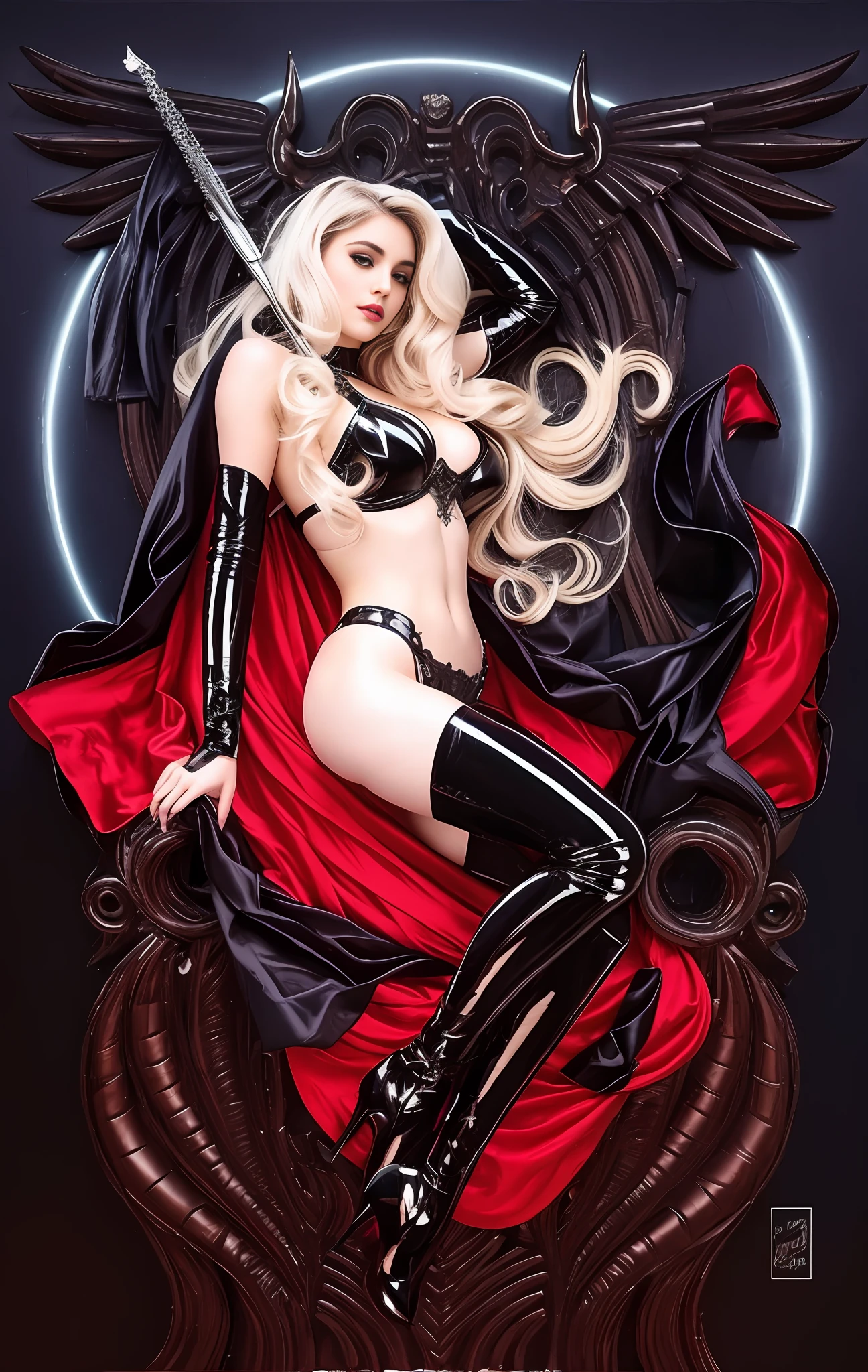 4K, mulher sexy, cabelo longo, traje de couro, capa vermelha, corpo musculoso, pale skin.