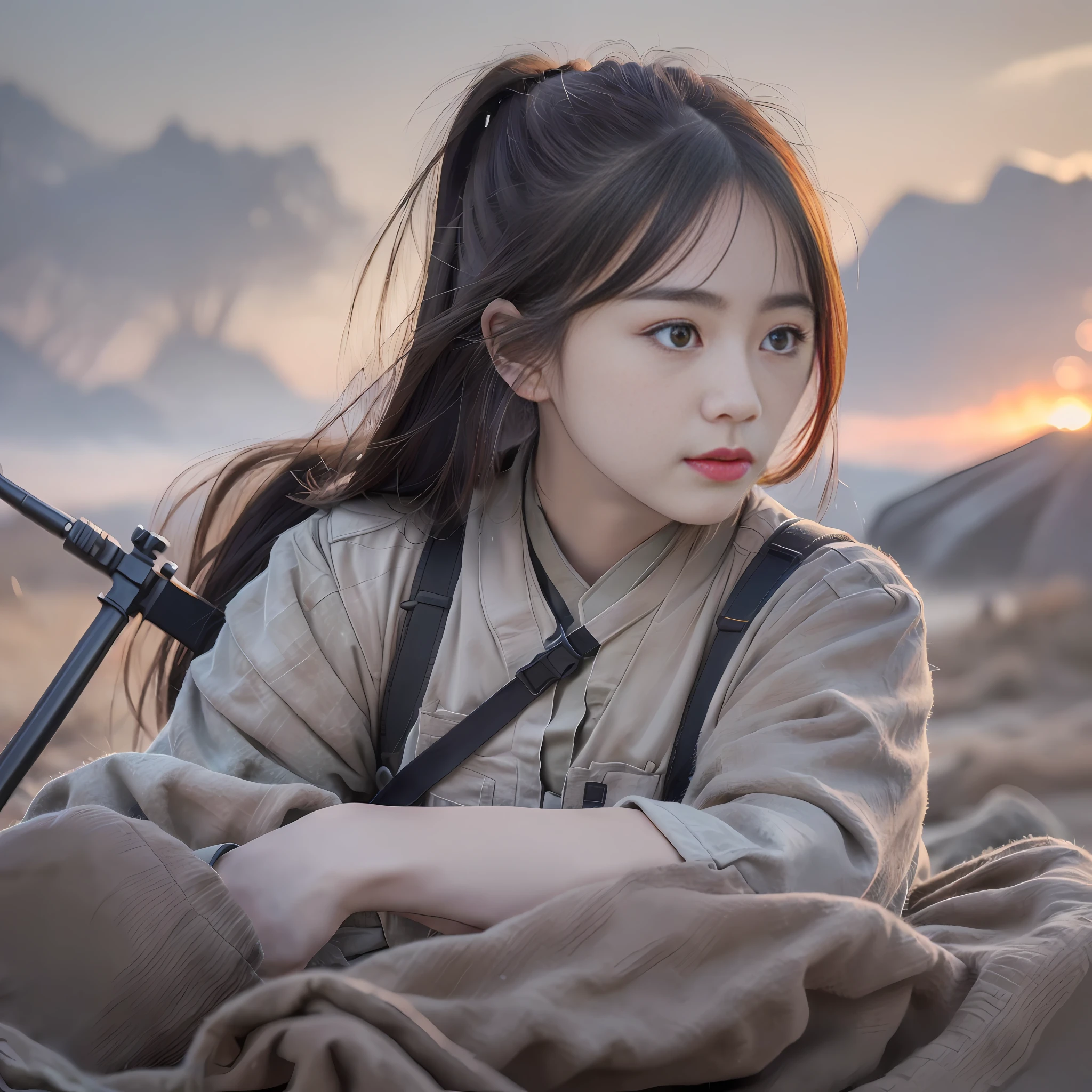 (Highly detailed RAW color photographs:1.2、photorealistic:1、Super High Resolution)、(MASTERPIECE、lifelike)、Female Soldiers、infantryman、bare hands、no weapon、battle、Serious mood、Modern war themes、explosions、Background to the war、(Highly detailed 64k wallpapers)