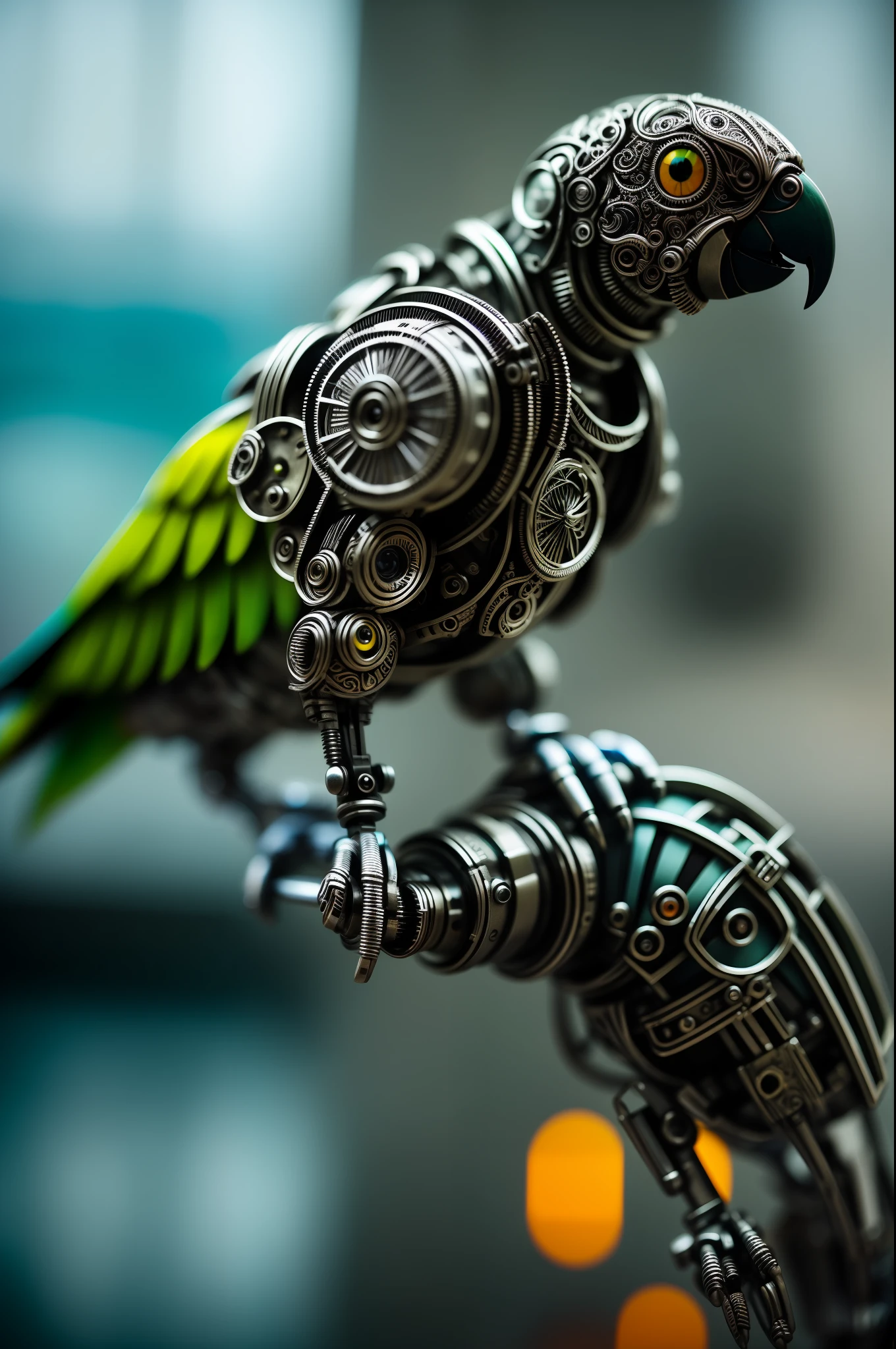 RAW photo, a cute parrot made out of metal, cyborg, cyberpunk style, ((intricate details)), hdr, ((intricate details, hyperdetailed)), cinematic shot, vignette, (high detailed skin:1.2), 8k uhd, dslr, high quality, film grain, Fujifilm XT3