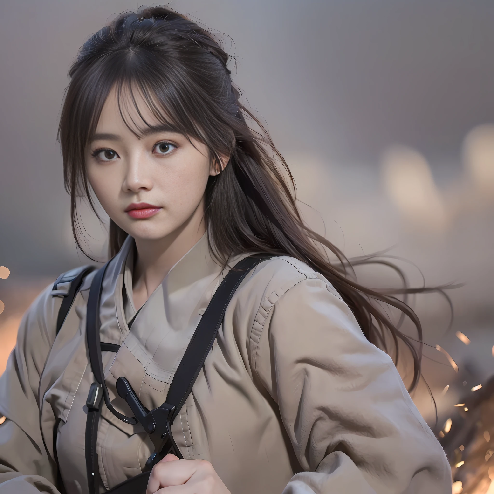 (Highly detailed RAW color photographs:1.2、photorealistic:uper High Resolution)、(MASTERPIECE、lifelike)、Female Soldiers、infan、bare hands、no weapon、battle、Serious mood、Modern war themes、explosions、Background to the war、(Highly detailed 64k wallpers)