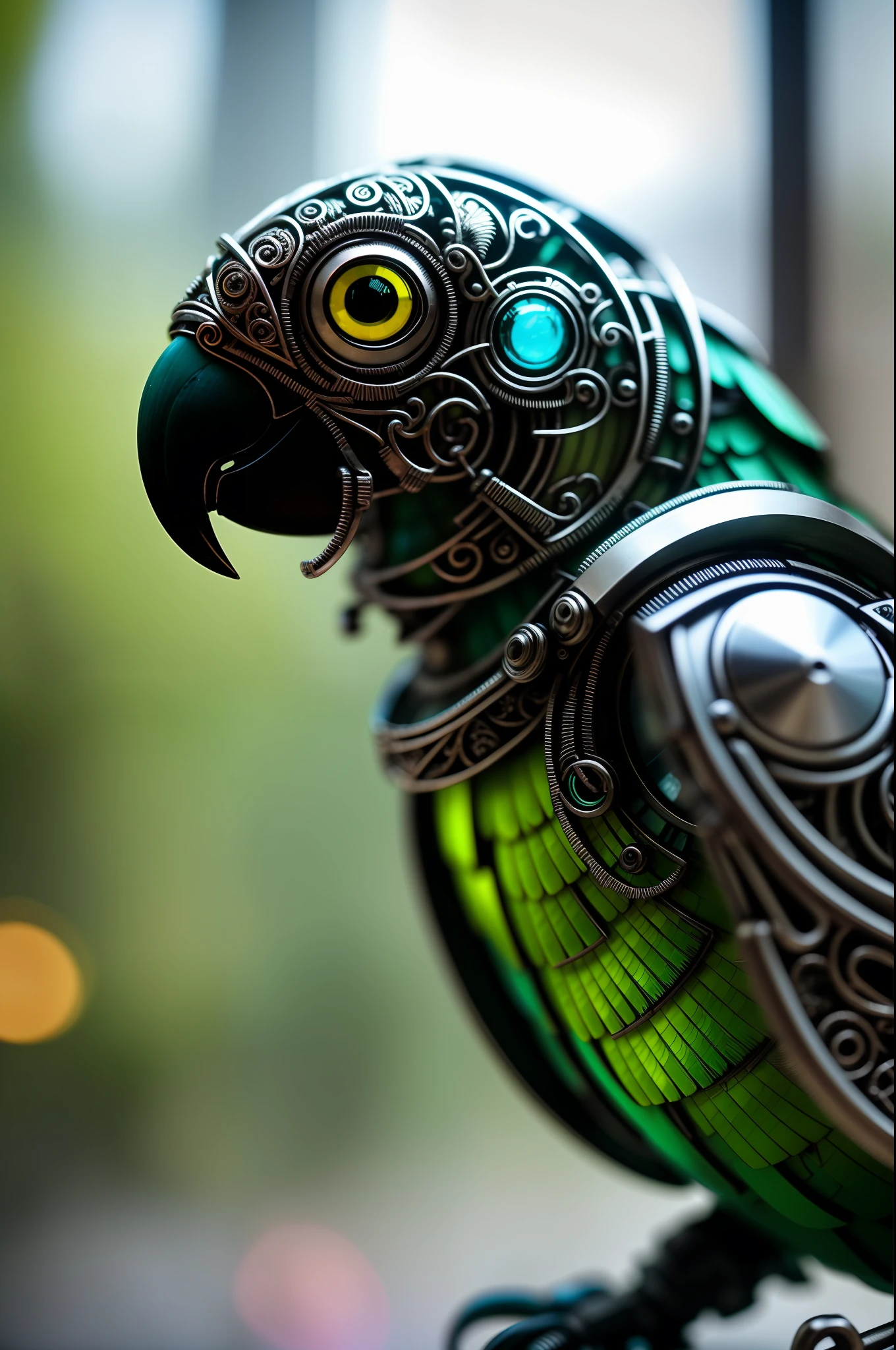 RAW photo, a cute parrot made out of metal, cyborg, cyberpunk style, ((intricate details)), hdr, ((intricate details, hyperdetailed)), cinematic shot, vignette, (high detailed skin:1.2), 8k uhd, dslr, high quality, film grain, Fujifilm XT3