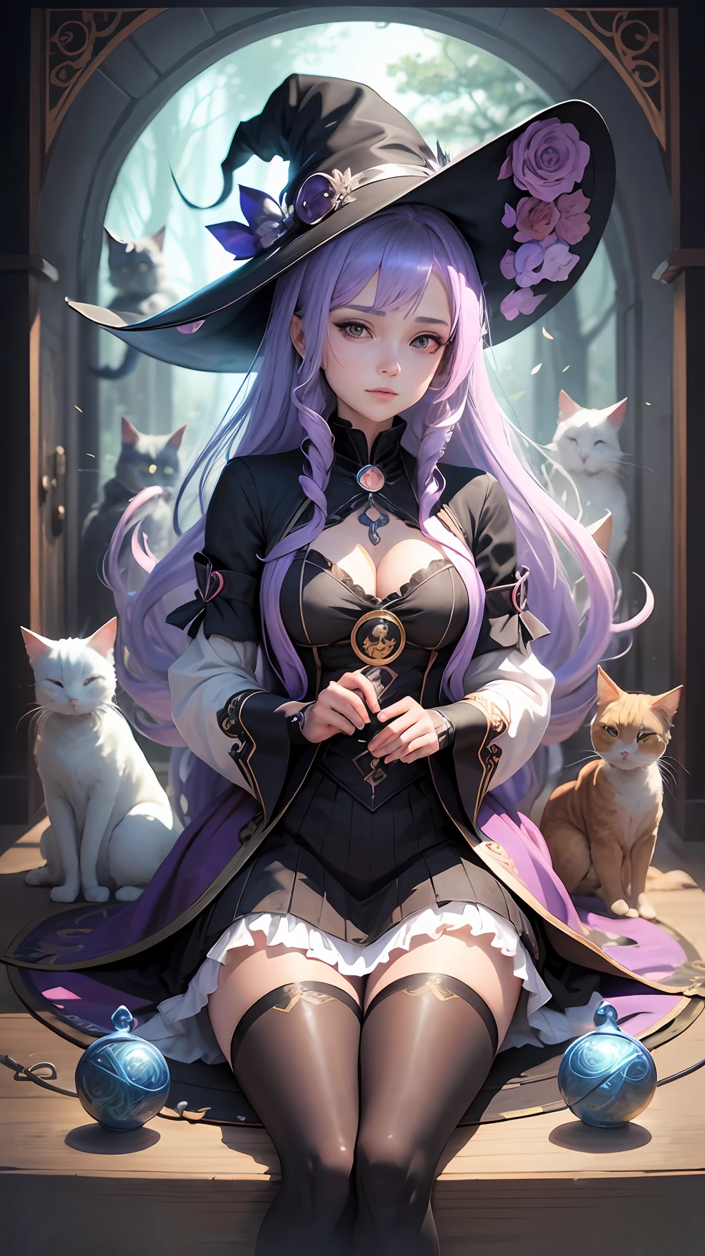 a female anime character girl mystic witch with cats doing spells --auto --s2