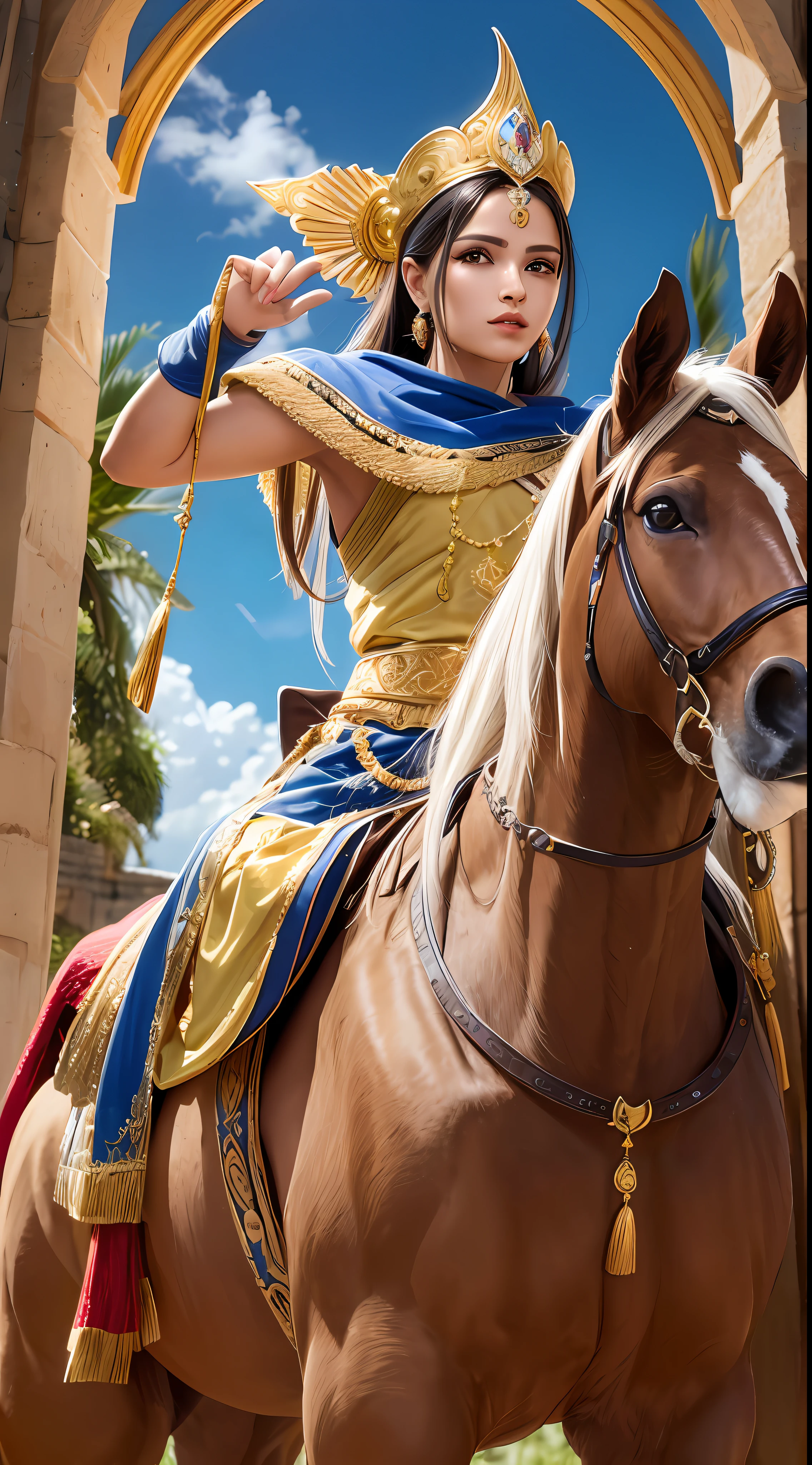 obra-prima, melhor qualidade, mulher madura, batom, brown robe with golden trims, ombros nus, coxas, cabelo rabo de cavalo, olhos brilhantes, standing on his back, blue sky,