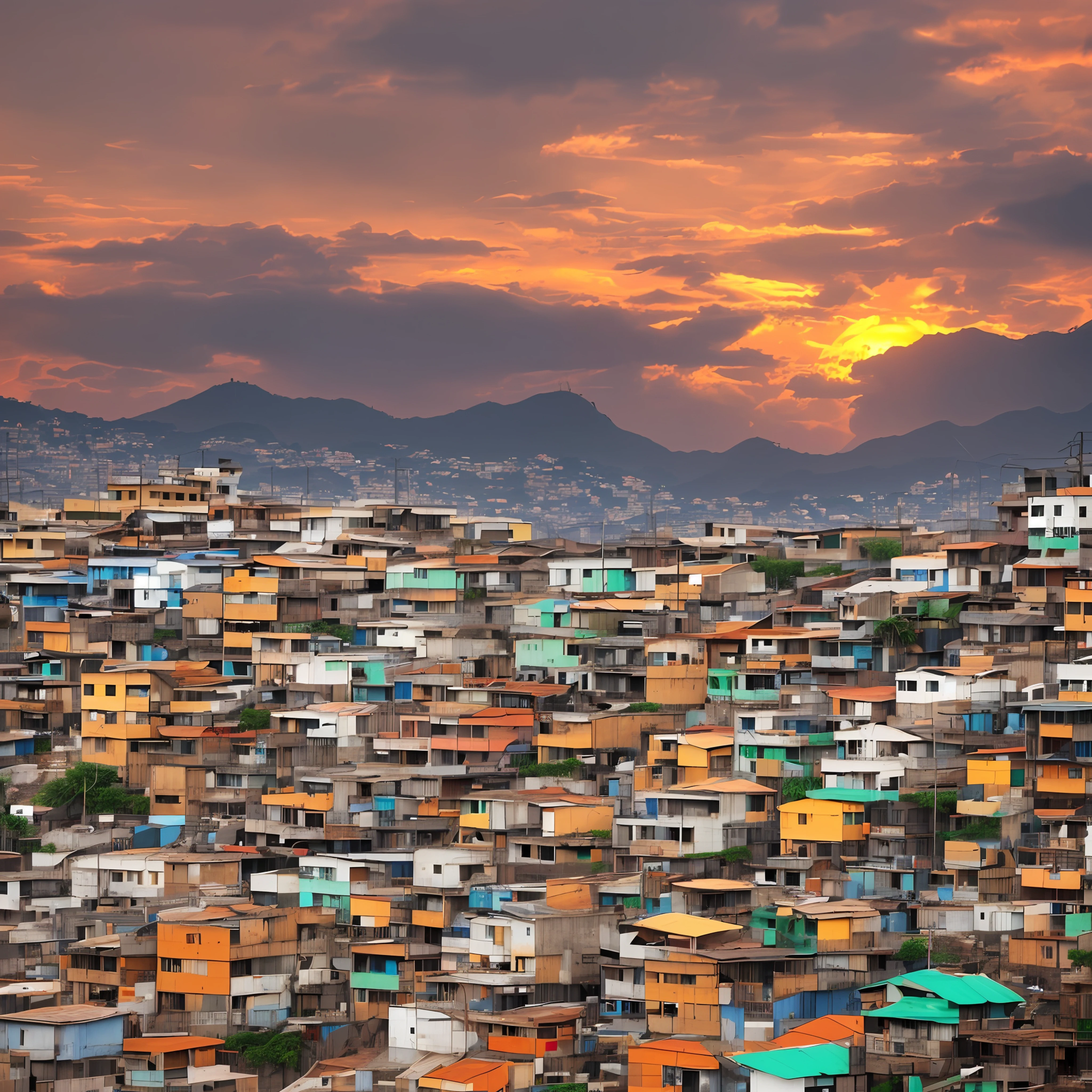 a man from behind in a (((favela))), paisagem, vale, (landscape of destruction), 8k, ((cidade ??? de janeiro)), foto realista, breathtaking, sharp lens, fotografia profissional, lente 70mm, detalhe amor, boa qualidade, papel de parede, altamente detalhado, 8k, luz suave, foto realista, sharp details, ((luz do nascer do sol)), obra-prima, (o retrato mais bonito do mundo: 1,5) --auto --s2