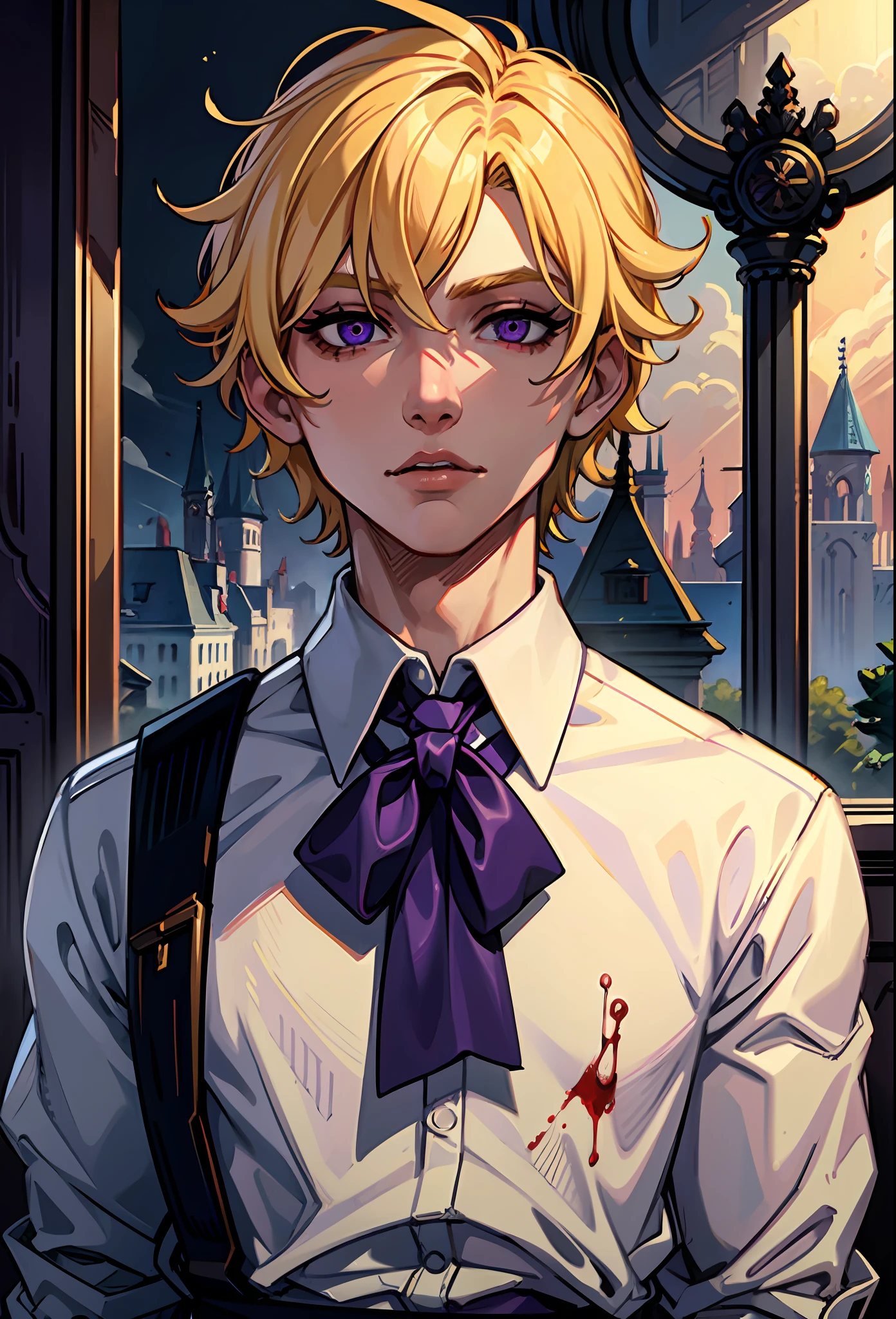masterpiece, 1boy, blonde Hair, short hair, purple eyes, eyes, white shirt, blood, blood on face, Upper body, portrait, Gloomy Castle
