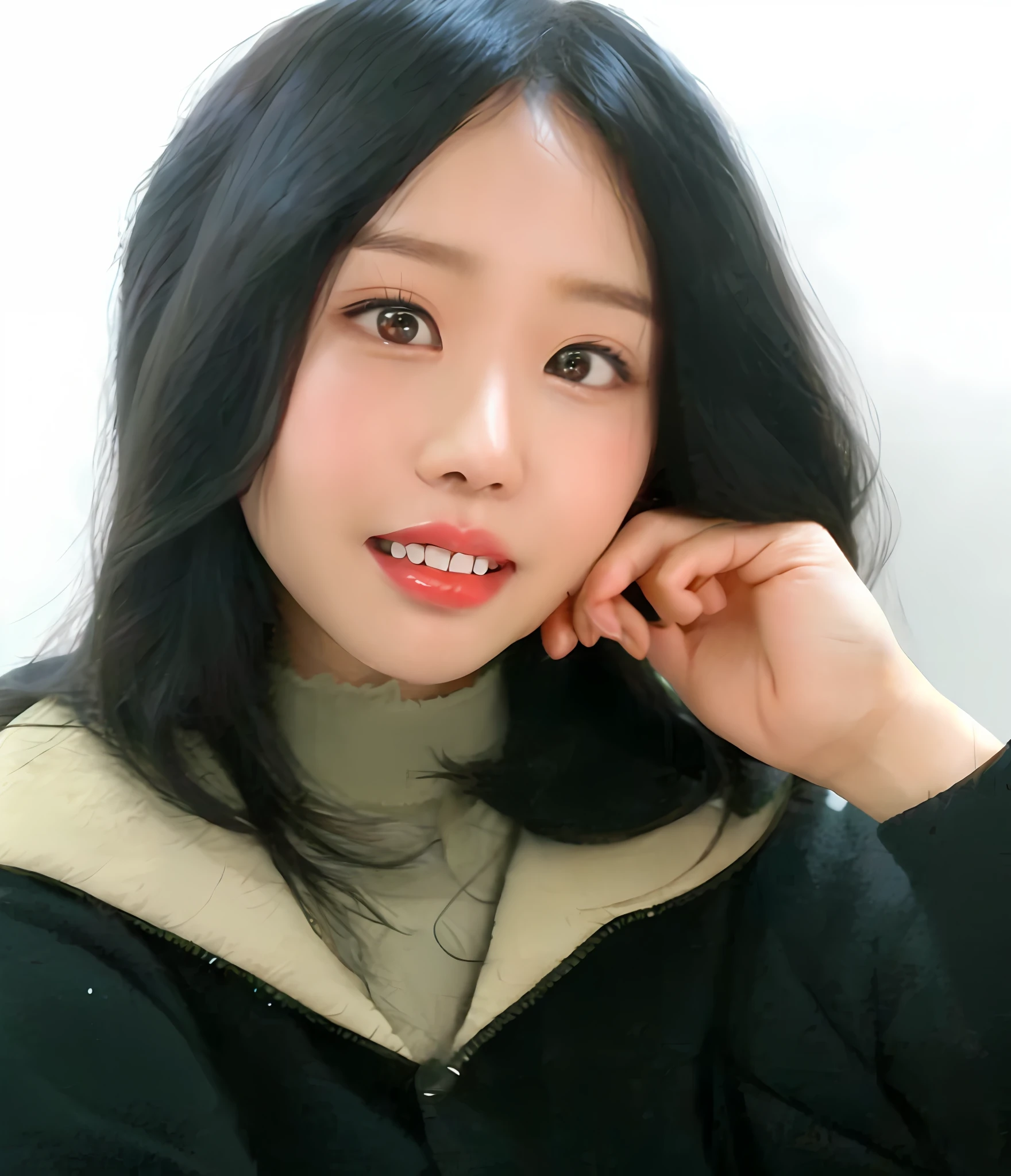 arafed asian woman with long black hair and a black jacket, Ulzzang, Heonhwa Choe, Jaeyeon Nam, Lee Ji - Eun, Lee Ji-Eun, Kim Doyoung, coreana, Parque Ji-Min, young adorable korean face, Jinyoung Canela, com cabelos curtos, wan adorable korean face, Seseon Yoon, Mulher coreana