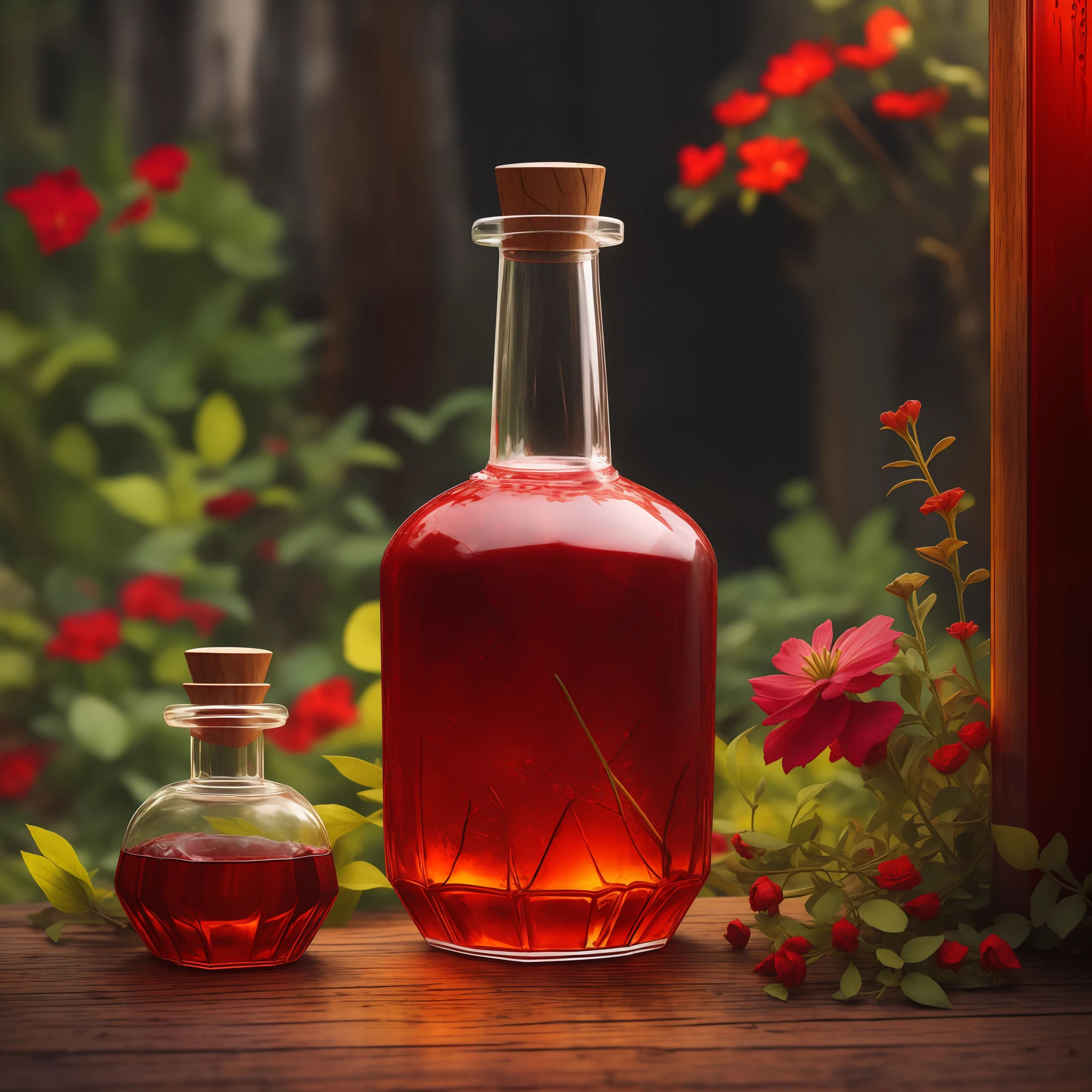 "Transparent bottle with vibrant red liquid, delicate and charming love potion, on top of a rustic wooden table with plants and herbs on the side, parede de madeira, 4K, UHD