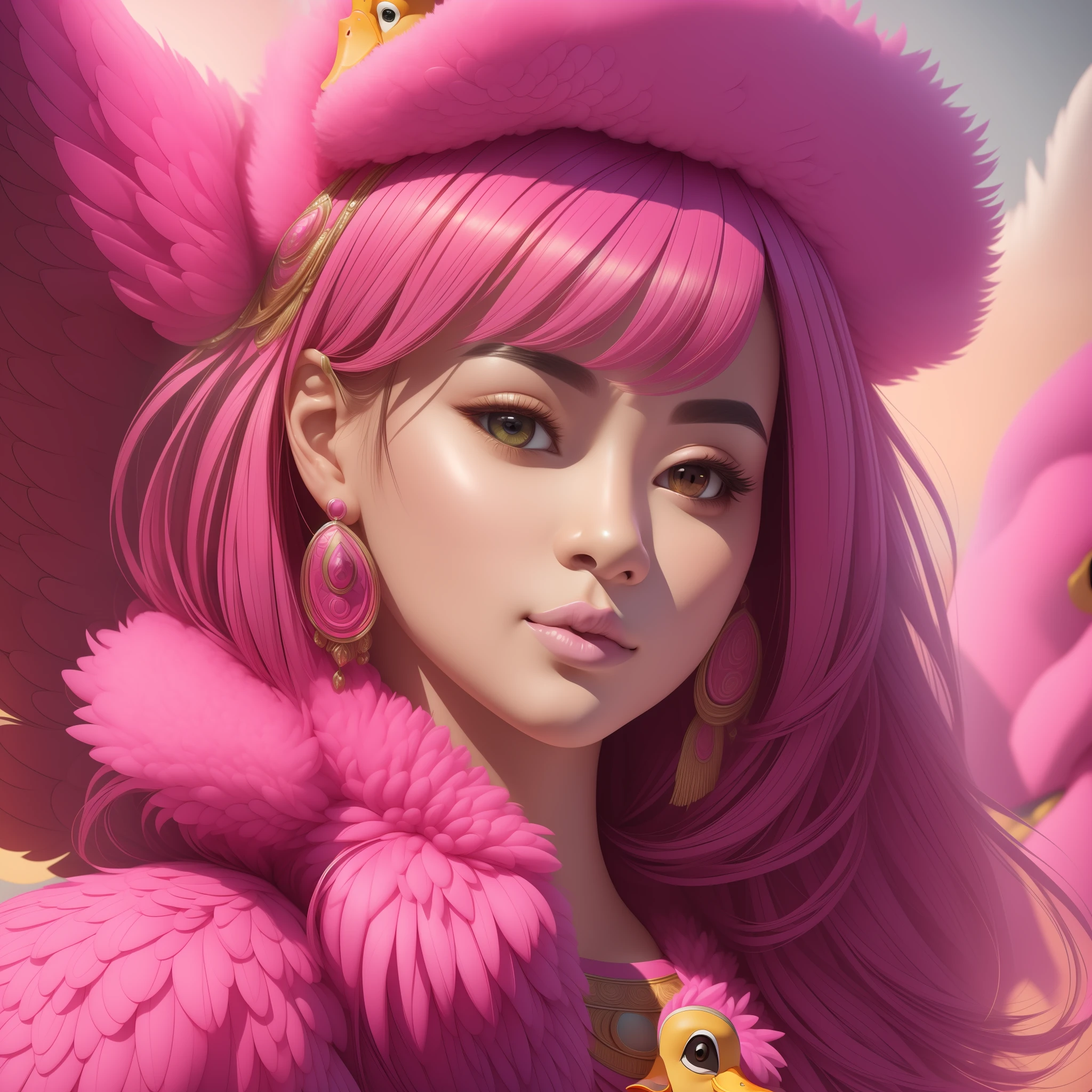 (ultra-detailed CG portrait,masterpiece, best quality, best illustration),(duck woman:1.2),fur,(pink color:1.1),(vibrant background:0.8)