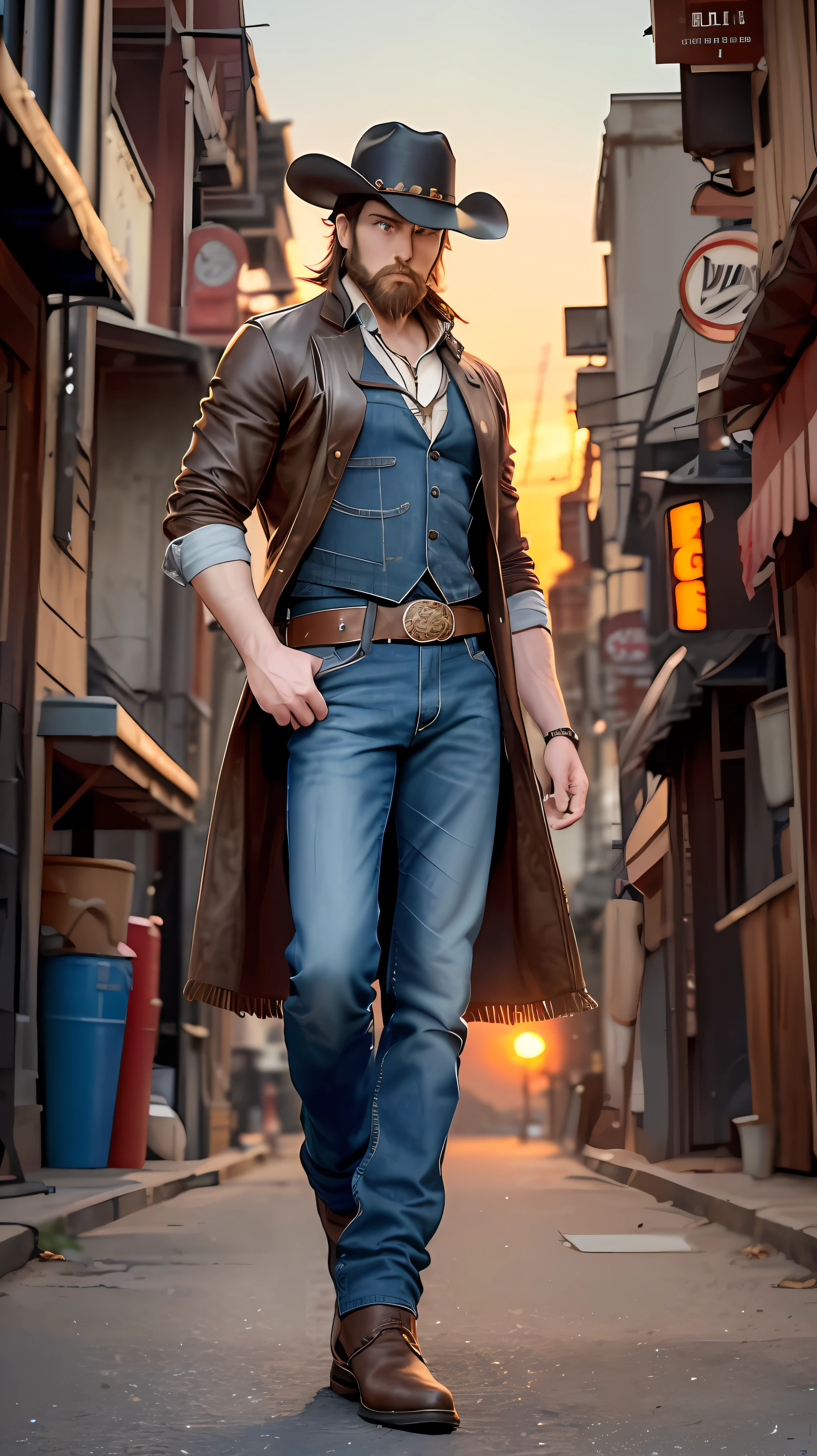 Jackson "Rusty" O'Connor

Physical characteristics: Jackson is a tall, stout man with short brown hair and a bushy beard. He has deep blue eyes and a determined look on his face. Clothes: He wears a worn brown poncho with fringes. He wears dark leather pants and worn-out cowboy boots. He has a wide belt with a silver buckle and wears a cowboy hat. Characteristic pose: He stands with one leg resting on a metal barrel, holding a futuristic rifle in one hand while lighting a cigarette with the other. Jackson is in a futuristic Old West town, standing on a dusty street with wooden and metal buildings around it. In the background, there is an orange sunset and the sound of steam engines and country music echoes through the streets.